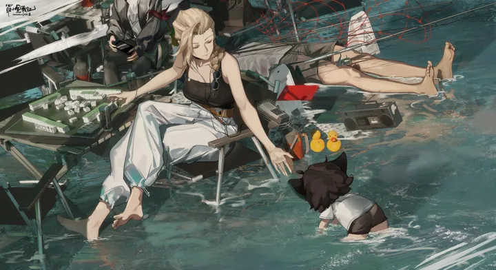2girls,2boys,braid,breasts,cleavage,crossed_legs,animal_ears,closed_eyes,sitting,multiple_girls,multiple_boys,child,tank_top,table,brown_hair,horizontal,water,cat_boy,cat_ears,white_shirt,short_hair,shorts,shirt,pants,barefoot,partially_submerged,blonde_hair,long_hair,black_hair