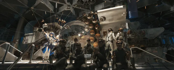 1girl,6-boys,arm_up,multiple_girls,multiple_boys,gloves,holding,robot,brown_hair,horizontal,short_hair,science_fiction,standing,english_text,blue_hair,long_hair