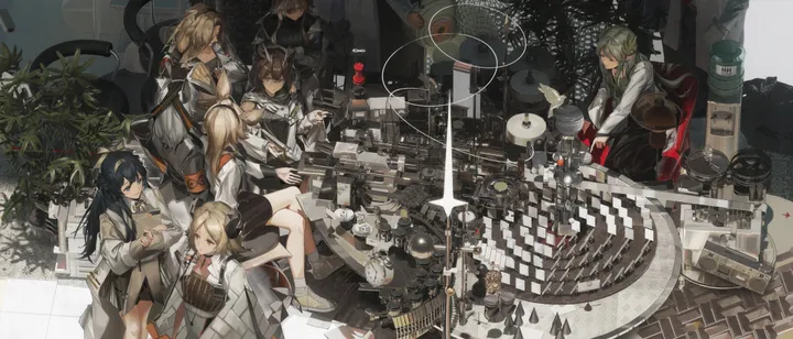 5girls,6-girls,book,crossed_legs,animal_ears,twintails,sitting,multiple_girls,jacket,indoors,tail,demon_horns,holding,cup,chess_piece,brown_hair,chair,plant,horizontal,orange_eyes,grey_hair,labcoat,white_shirt,potted_plant,glasses,short_hair,skirt,smile,feather_hair,shirt,horns,dress,blonde_hair,long_hair,long_sleeves,mug,ponytail,black_hair,black_skirt,dragon_horns