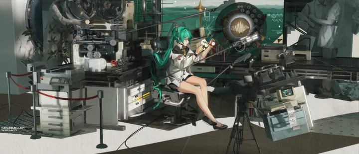 1girl,book,bangs,solo,twintails,sitting,hair_ornament,jacket,indoors,wide_shot,very_long_hair,holding,horizontal,aqua_hair,skirt,cable,green_hair,bare_legs,computer,long_hair,long_sleeves,speaker,black_footwear