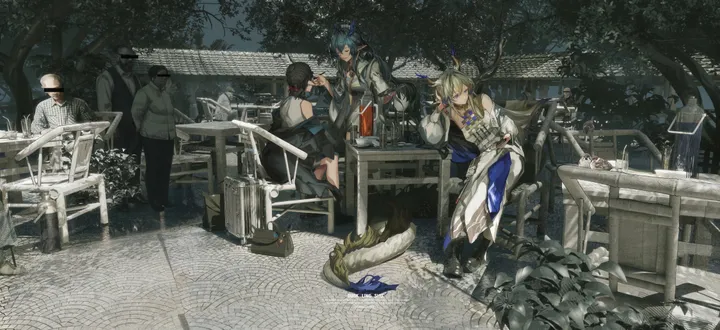 bangs,sitting,multiple_girls,multiple_boys,jacket,outdoors,holding,cup,tree,table,chair,horizontal,short_hair,standing,blue_hair,blue_eyes,blonde_hair,long_hair,long_sleeves,black_hair