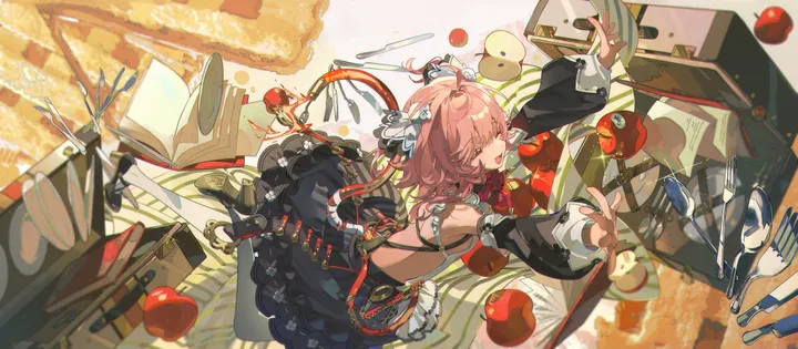 1girl,braid,detached_sleeves,book,outstretched_arms,bangs,solo,closed_eyes,knife,open_mouth,horizontal,fruit,floating,floating_object,skirt,smile,pink_hair,frills,apple,bow,dress,long_sleeves,food,fork,black_skirt,black_dress,black_footwear