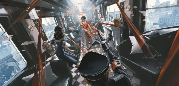 uniform,multiple_girls,multiple_boys,halo,hat,gloves,holding,brown_hair,horizontal,weapon,glass,short_hair,broken_glass,dress,long_hair,black_hair