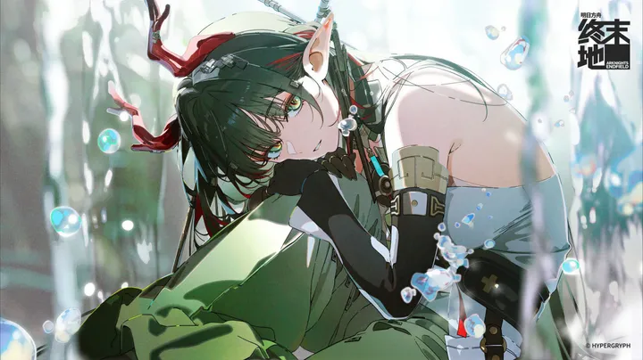 1girl,breasts,from_side,bangs,solo,sitting,multicolored_hair,pointy_ears,parted_lips,gloves,head_rest,streaked_hair,sleeveless,blurry,horizontal,bubble,looking_at_viewer,red_hair,green_hair,green_eyes,green_pants,shirt,pants,long_hair,elbow_gloves,bare_shoulders,deer_ears,antlers,black_hair,black_gloves