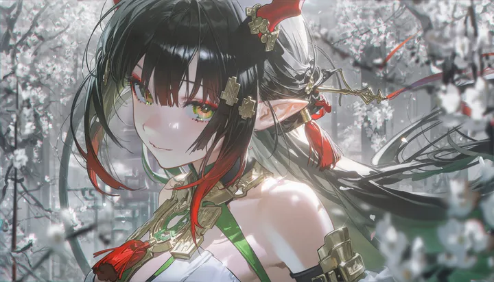 1girl,breasts,upper_body,bangs,solo,closed_mouth,multicolored_hair,hair_ornament,pointy_ears,tree,branch,blurry,horizontal,tassel,jewelry,white_flower,looking_at_viewer,eyeshadow,smile,red_hair,red_eyeshadow,green_eyes,horns,long_hair,bare_shoulders,flower,black_hair