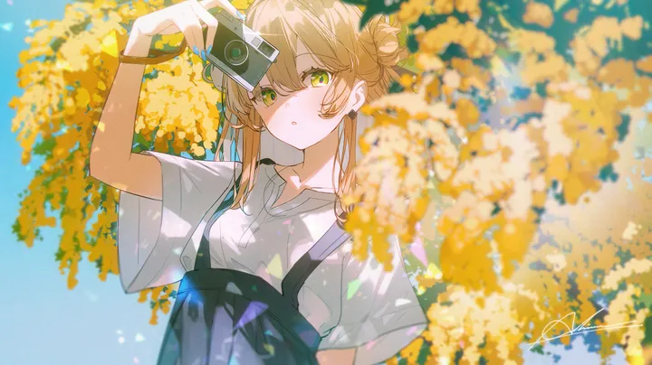 1girl,arm_up,upper_body,bangs,solo,single_hair_bun,suspender_skirt,hair_bun,hair_between_eyes,parted_lips,outdoors,holding_camera,bracelet,holding,nail_polish,brown_hair,blurry,horizontal,camera,jewelry,day,white_shirt,looking_at_viewer,short_sleeves,skirt,signature,green_eyes,earrings,suspenders,blue_nails,blue_skirt,shirt,long_hair,flower,yellow_flower