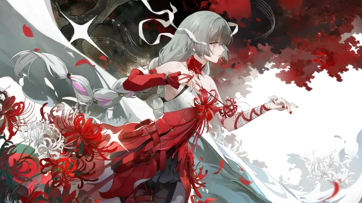 1girl,braid,twin_braids,breasts,bangs,solo,spider_lily,very_long_hair,gloves,nail_polish,horizontal,grey_hair,red_nails,red_eyes,red_flower,red_dress,bandages,dress,long_hair,bare_shoulders,flower