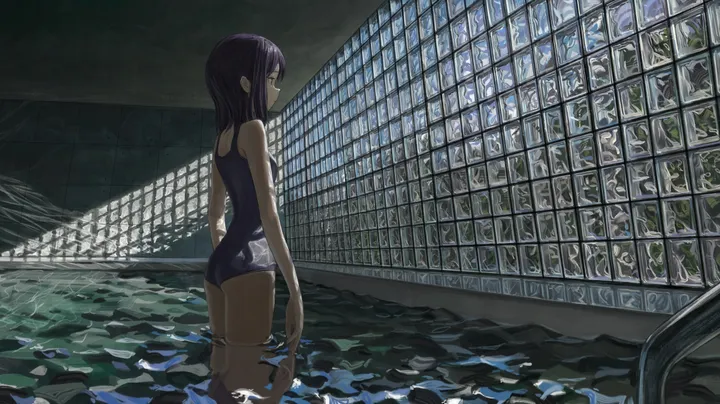 1girl,one-piece_swimsuit,profile,solo,ass,fence,horizontal,school_swimsuit,water,pool,swimsuit,wading,standing,purple_hair,chain-link_fence,long_hair,black_hair