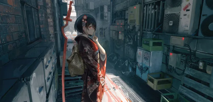 1girl,from_side,bangs,solo,print_kimono,stairs,kimono,obi,closed_mouth,hair_flower,hair_ornament,wide_sleeves,building,outdoors,finger_to_mouth,hand_up,japanese_clothes,sash,horizontal,looking_to_the_side,looking_at_viewer,short_hair,air_conditioner,standing,box,red_eyes,floral_print,long_sleeves,scenery,flower,black_kimono,black_hair
