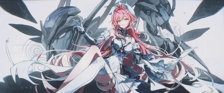 1girl,breasts,cleavage,bangs,solo,single_thighhigh,gloves,robot,horizontal,white_gloves,white_thighhighs,white_dress,looking_at_viewer,smile,pink_hair,thighhighs,dress,long_hair,bare_shoulders
