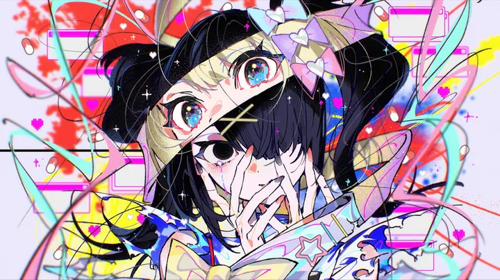 1girl,x_hair_ornament,upper_body,bangs,solo,twintails,crying,quad_tails,multicolored_hair,multicolored_nails,hair_ornament,horizontal,looking_at_viewer,tears,crying_with_eyes_open,blue_eyes,bow,hair_bow,blonde_hair,long_sleeves,yellow_bow,black_hair,black_nails,black_eyes