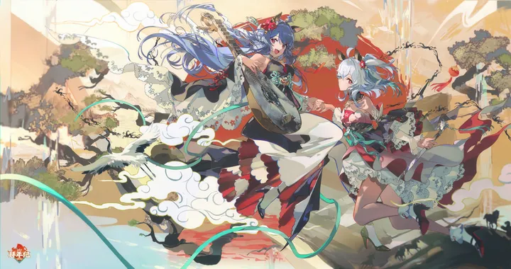 2girls,detached_sleeves,instrument,breasts,animal_ears,bangs,kimono,multiple_girls,hair_flower,hair_ornament,wide_sleeves,open_mouth,holding,japanese_clothes,sash,tree,horizontal,water,white_hair,smile,red_eyes,frills,blue_hair,socks,horns,dress,long_hair,bare_shoulders,flower