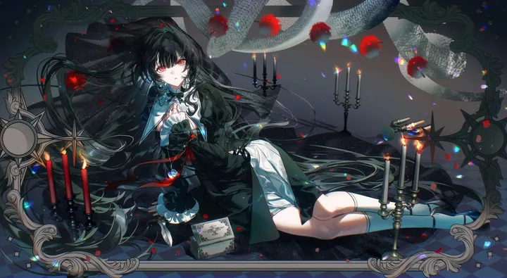 1girl,book,on_side,full_body,bangs,solo,own_hands_together,on_floor,very_long_hair,parted_lips,juliet_sleeves,horizontal,fire,candlestand,white_socks,looking_at_viewer,red_eyes,petals,puffy_sleeves,snake,candle,socks,lying,dress,long_hair,long_sleeves,veil,black_hair,black_dress,black_footwear