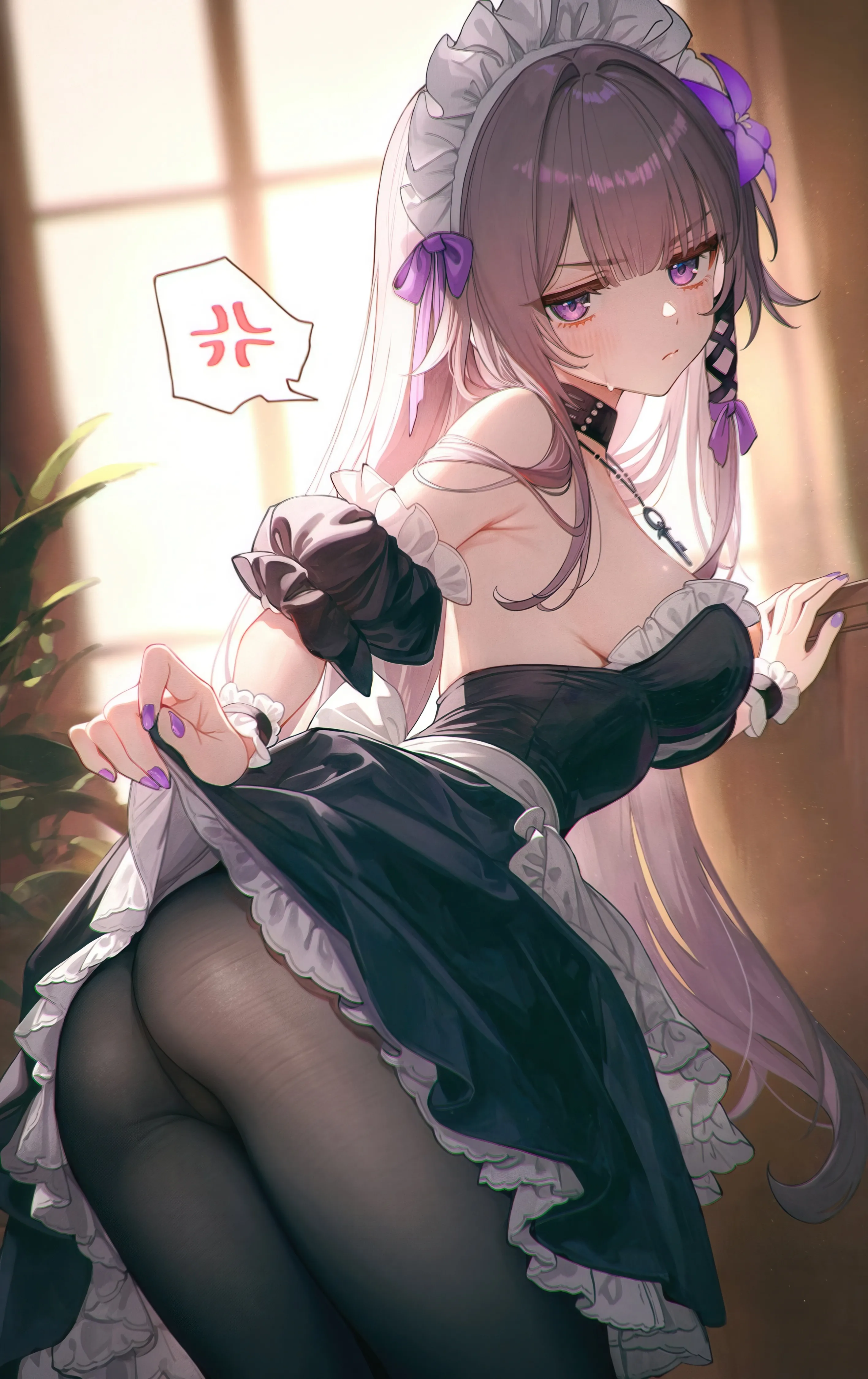1girl,cowboy_shot,detached_sleeves,ribbon,breasts,sideboob,from_side,bangs,solo,closed_mouth,looking_back,apron,hair_ribbon,hair_ornament,maid,maid_apron,maid_headdress,indoors,skirt_lift,ass,very_long_hair,nail_polish,lifted_by_self,dress_lift,clothes_lift,strapless,strapless_dress,v-shaped_eyebrows,looking_at_viewer,short_sleeves,window,vertical,wrist_cuffs,purple_ribbon,purple_hair,purple_nails,purple_eyes,blush,frills,frilled_dress,puffy_sleeves,bow,spoken_anger_vein,leaning_forward,twisted_torso,large_breasts,dress,pantyhose,long_hair,bare_shoulders,anger_vein,choker,collar,black_dress,black_pantyhose