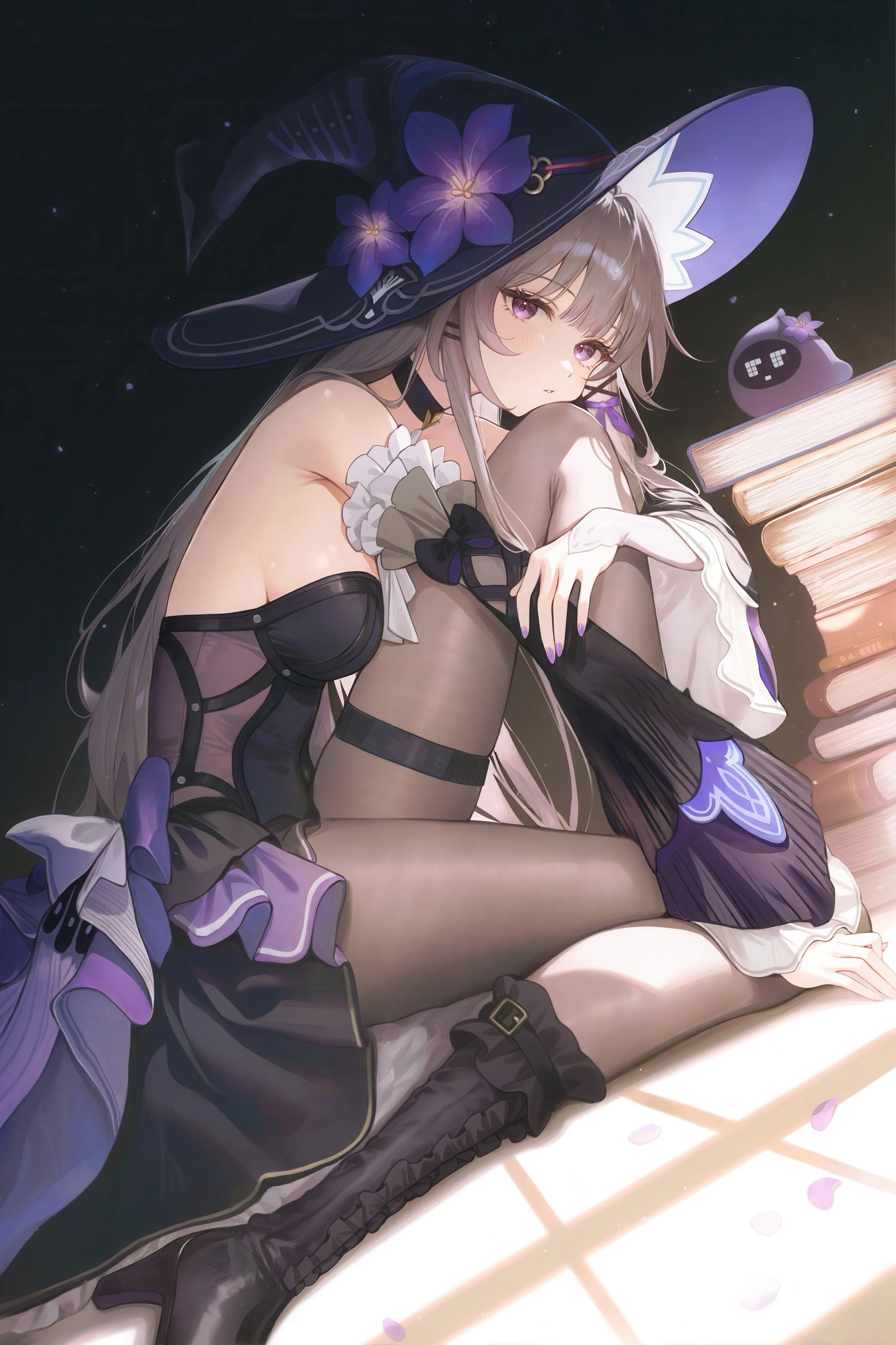 1girl,detached_sleeves,medium_breasts,book,book_stack,breasts,sideboob,from_side,bangs,solo,knee_up,knee_boots,sitting,thigh_strap,hair_ornament,witch_hat,wide_sleeves,hat_flower,hat,very_long_hair,parted_lips,nail_polish,brown_hair,brown_pantyhose,looking_to_the_side,looking_at_viewer,vertical,purple_nails,purple_eyes,purple_flower,petals,frills,frilled_sleeves,frilled_dress,dress,pantyhose,long_hair,long_sleeves,boots,bare_shoulders,choker,high_heel_boots,high_heels,flower,black_headwear,black_dress,black_pantyhose,black_footwear,black_choker