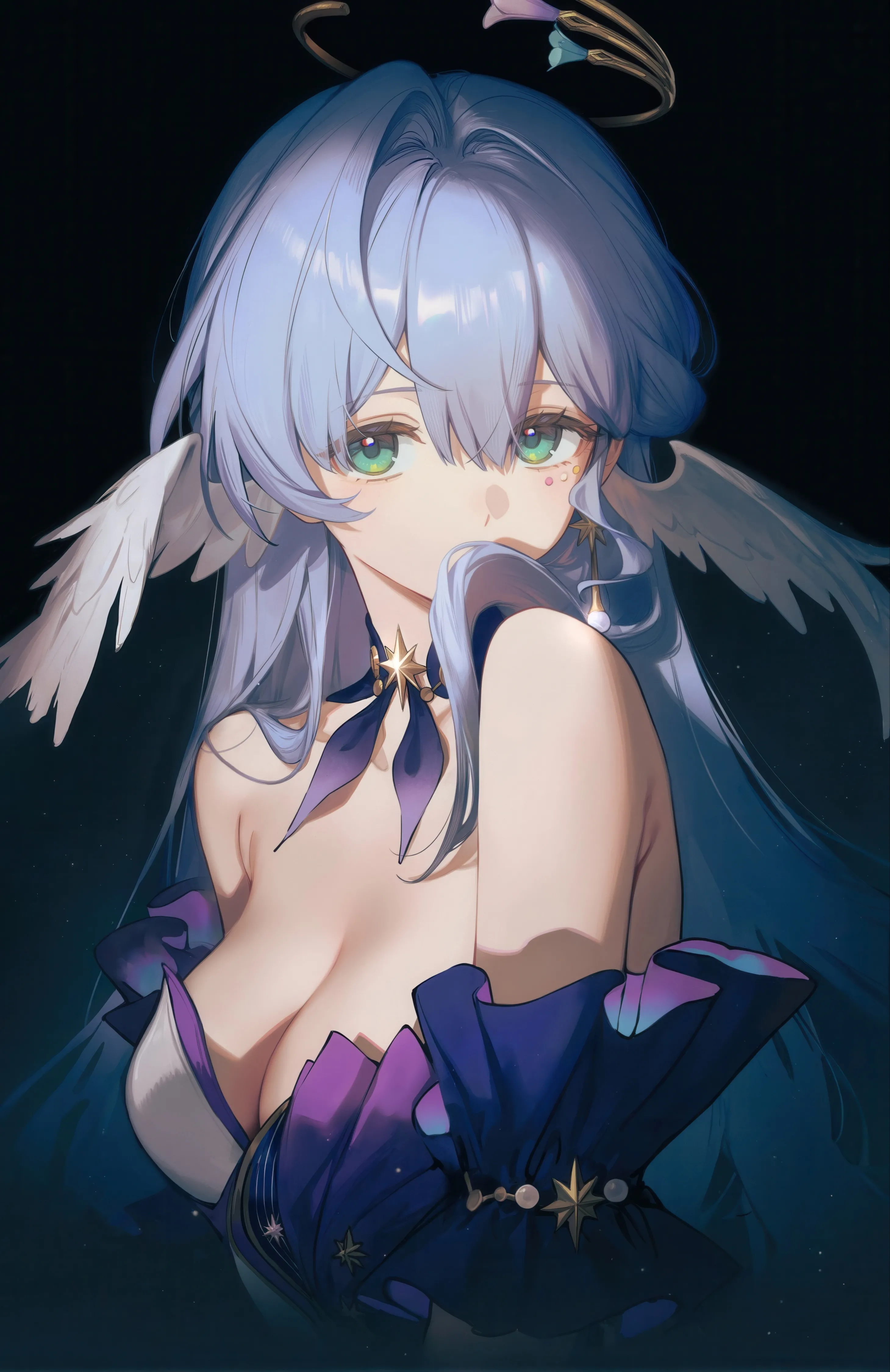 1girl,virtual_youtuber,detached_sleeves,breasts,cleavage,upper_body,bangs,solo,halo,head_wings,hair_between_eyes,simple_background,jewelry,white_wings,looking_at_viewer,vertical,green_eyes,wings,earrings,cropped_torso,blue_hair,large_breasts,hair_intakes,dress,long_hair,bare_shoulders,off_shoulder,choker,black_background