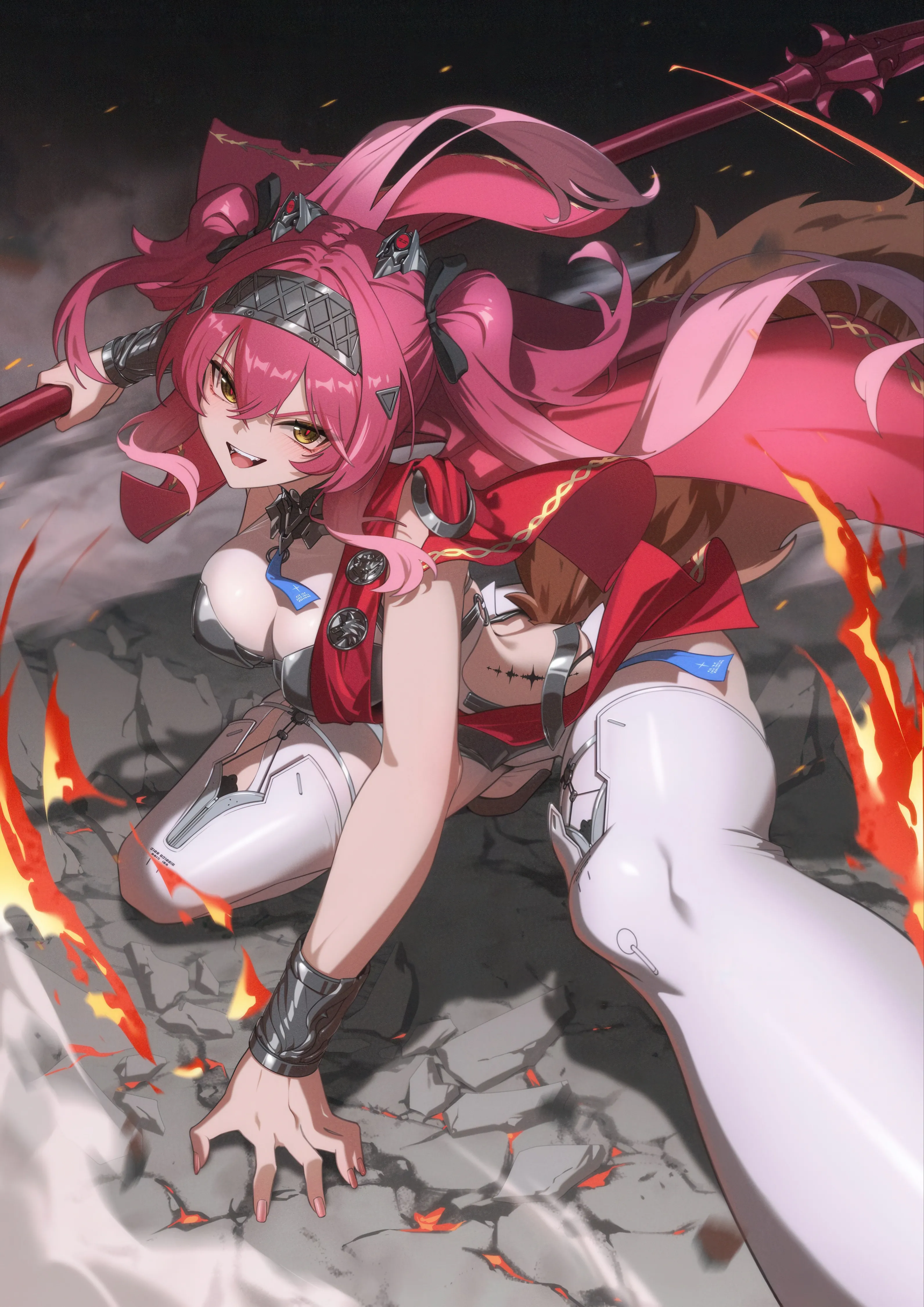 1girl,breasts,cleavage,bangs,solo,twintails,open_mouth,holding_weapon,holding,weapon,fire,white_thighhighs,looking_at_viewer,spear,vertical,smile,pink_hair,large_breasts,thighhighs,long_hair,polearm,yellow_eyes