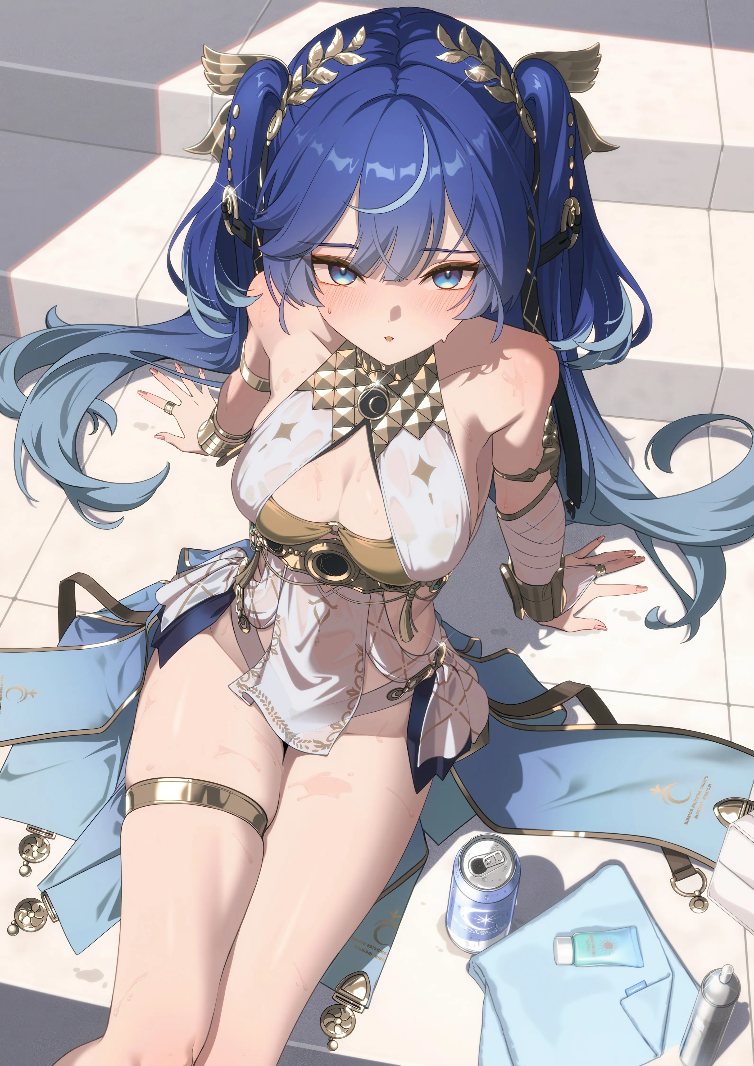 1girl,medium_breasts,breasts,cleavage,bangs,see-through,solo,twintails,sitting,multicolored_hair,thighs,thigh_strap,thighlet,hair_ornament,bridal_gauntlets,two_side_up,parted_lips,arm_support,pelvic_curtain,can,jewelry,white_dress,looking_at_viewer,vertical,blush,armlet,blue_hair,blue_eyes,wet,large_breasts,dress,long_hair,bare_shoulders