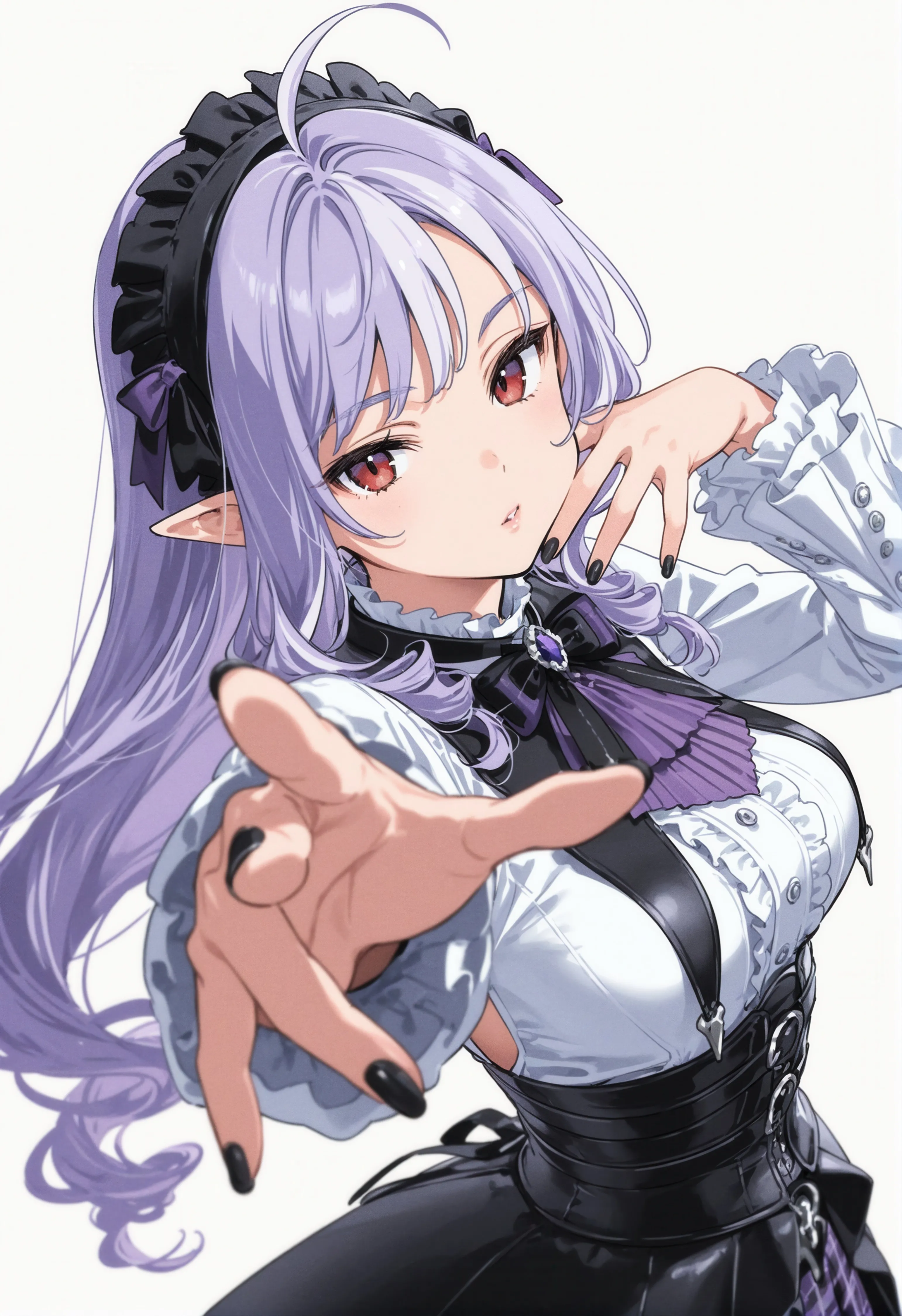 1girl,medium_breasts,breasts,upper_body,outstretched_arm,bangs,underbust,solo,hairband,suspender_skirt,reaching_towards_viewer,ahoge,pointy_ears,parted_lips,fingernails,nail_polish,simple_background,corset,white_background,white_shirt,looking_at_viewer,skirt,vertical,purple_hair,red_eyes,center_frills,brooch,frills,frilled_shirt,frilled_sleeves,bow,shirt,long_hair,long_sleeves,ascot,bowtie,high-waist_skirt,black_nails,black_skirt
