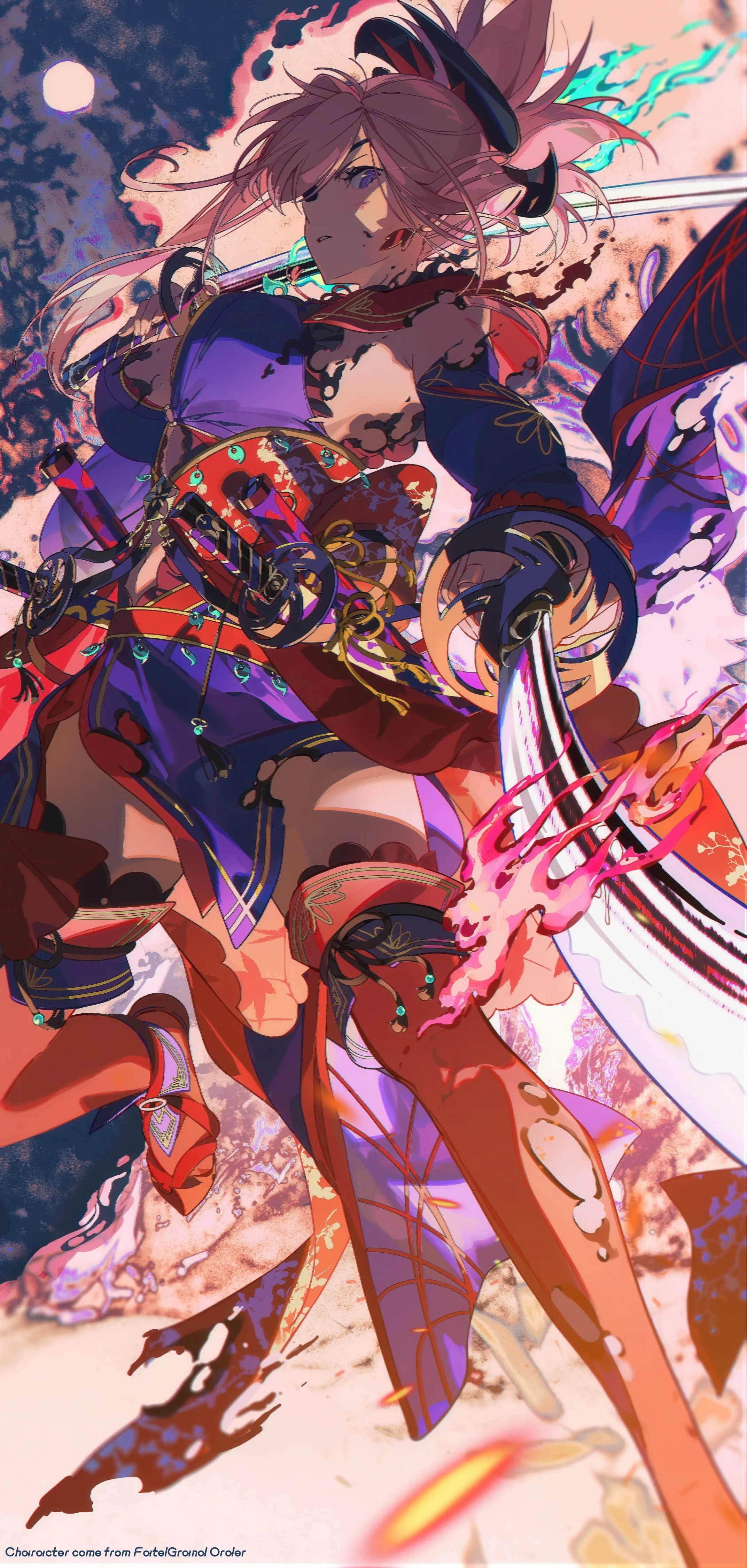 1girl,asymmetrical_hair,detached_sleeves,breasts,bangs,sword,magatama,solo,dual_wielding,leaf_print,kimono,obi,hair_ornament,holding_sword,holding_weapon,holding,sleeveless_kimono,japanese_clothes,sash,katana,moon,weapon,fire,jewelry,vertical,pink_hair,earrings,blue_kimono,blue_eyes,large_breasts,thighhighs,long_hair,ponytail