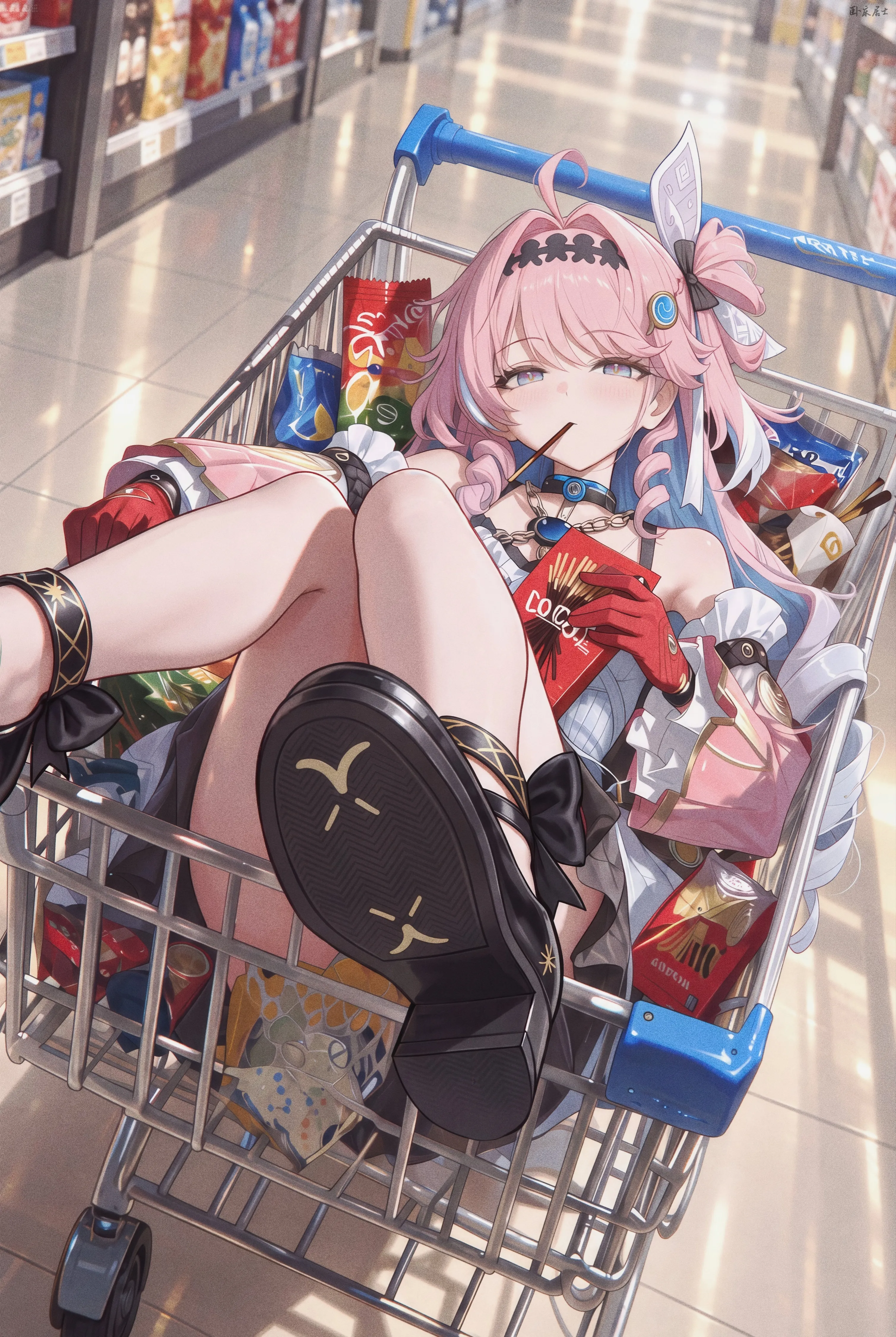 1girl,detached_sleeves,ribbon,on_back,bangs,solo,legs_up,hairband,ahoge,food_in_mouth,sitting,multicolored_hair,hair_ribbon,hair_ornament,indoors,gloves,holding,holding_food,mouth_hold,pocky,looking_at_viewer,vertical,pink_hair,purple_eyes,red_gloves,blush,blue_eyes,lying,dress,drill_hair,long_hair,long_sleeves,bare_shoulders,shoes,shoe_soles,choker,food,black_ribbon,black_hairband,black_footwear