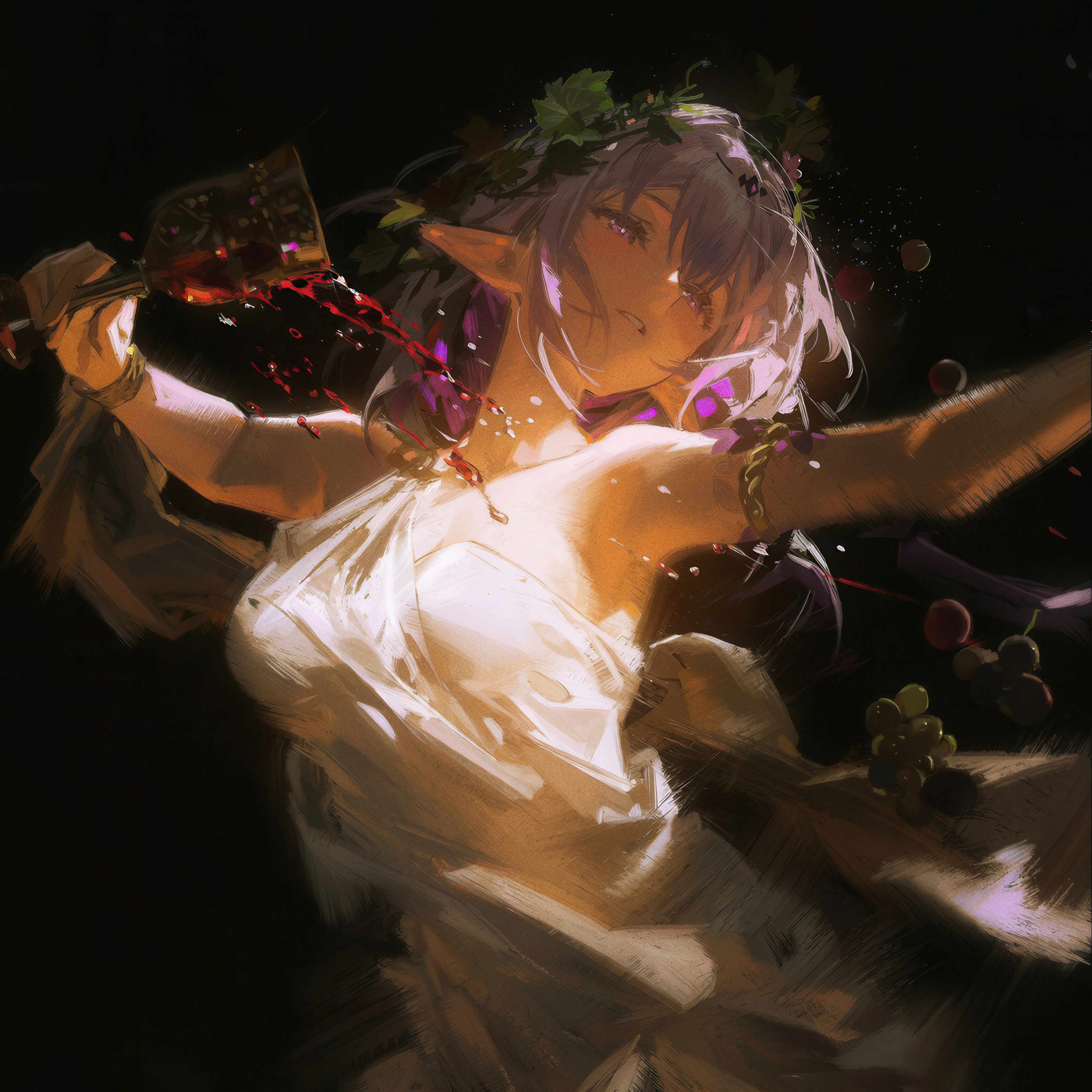 1girl,medium_breasts,breasts,upper_body,pouring,bangs,solo,head_wreath,hair_ornament,pointy_ears,parted_lips,holding,strapless,strapless_dress,simple_background,cup,laurel_crown,fruit,bottle,white_dress,vertical,purple_hair,purple_eyes,wine_glass,grapes,wine,dress,alcohol,drinking_glass,long_hair,bare_shoulders,food,black_background