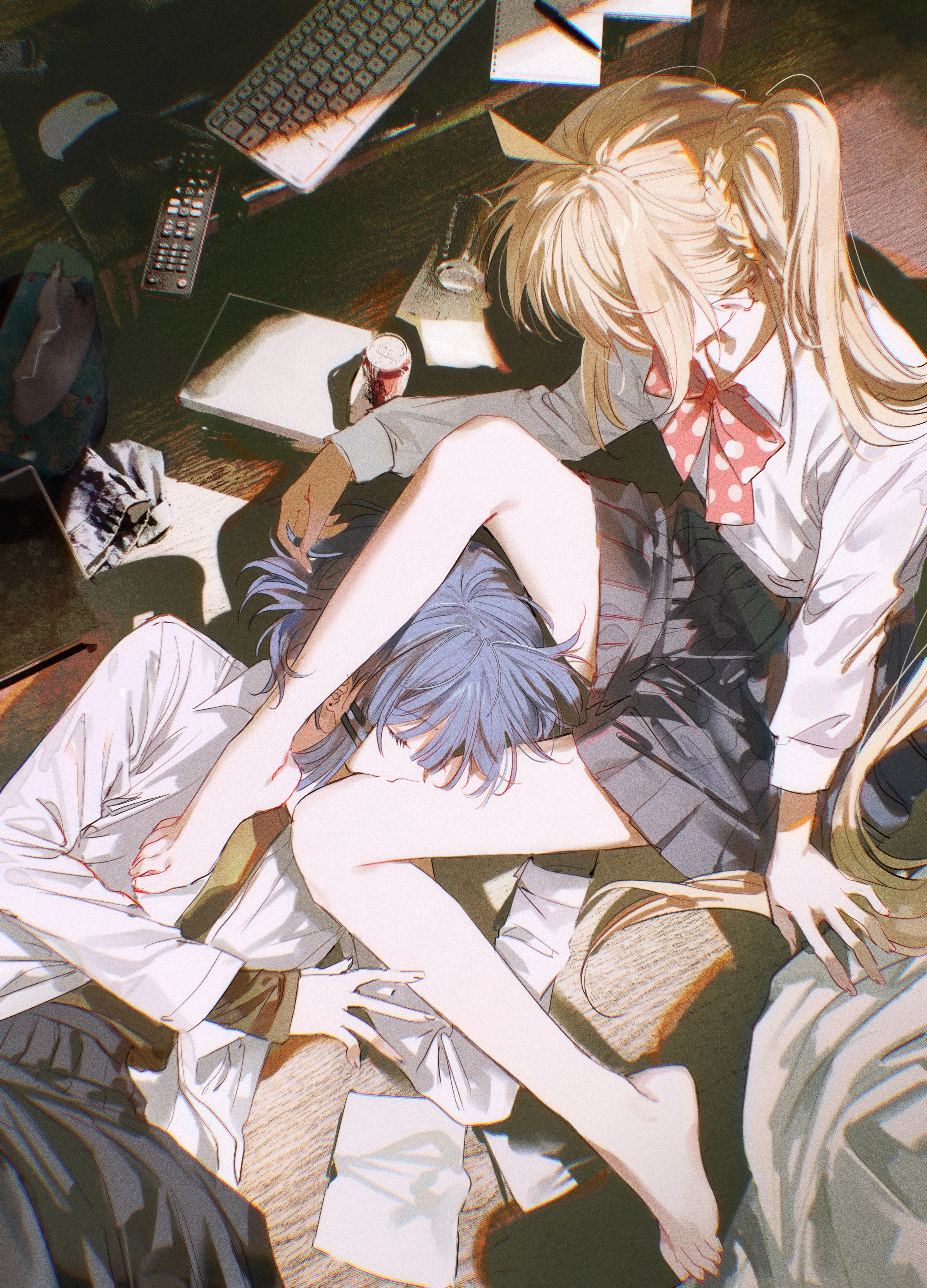 2girls,side_ponytail,bangs,closed_eyes,legs,ahoge,polka_dot,sitting,multiple_girls,indoors,collared_shirt,cup,school_uniform,keyboard_computer,white_shirt,yuri,pleated_skirt,sleeping,short_hair,skirt,vertical,red_bow,feet,toes,blue_hair,bow,shirt,barefoot,computer,drinking_glass,blonde_hair,long_hair,long_sleeves,necktie,bowtie,black_skirt