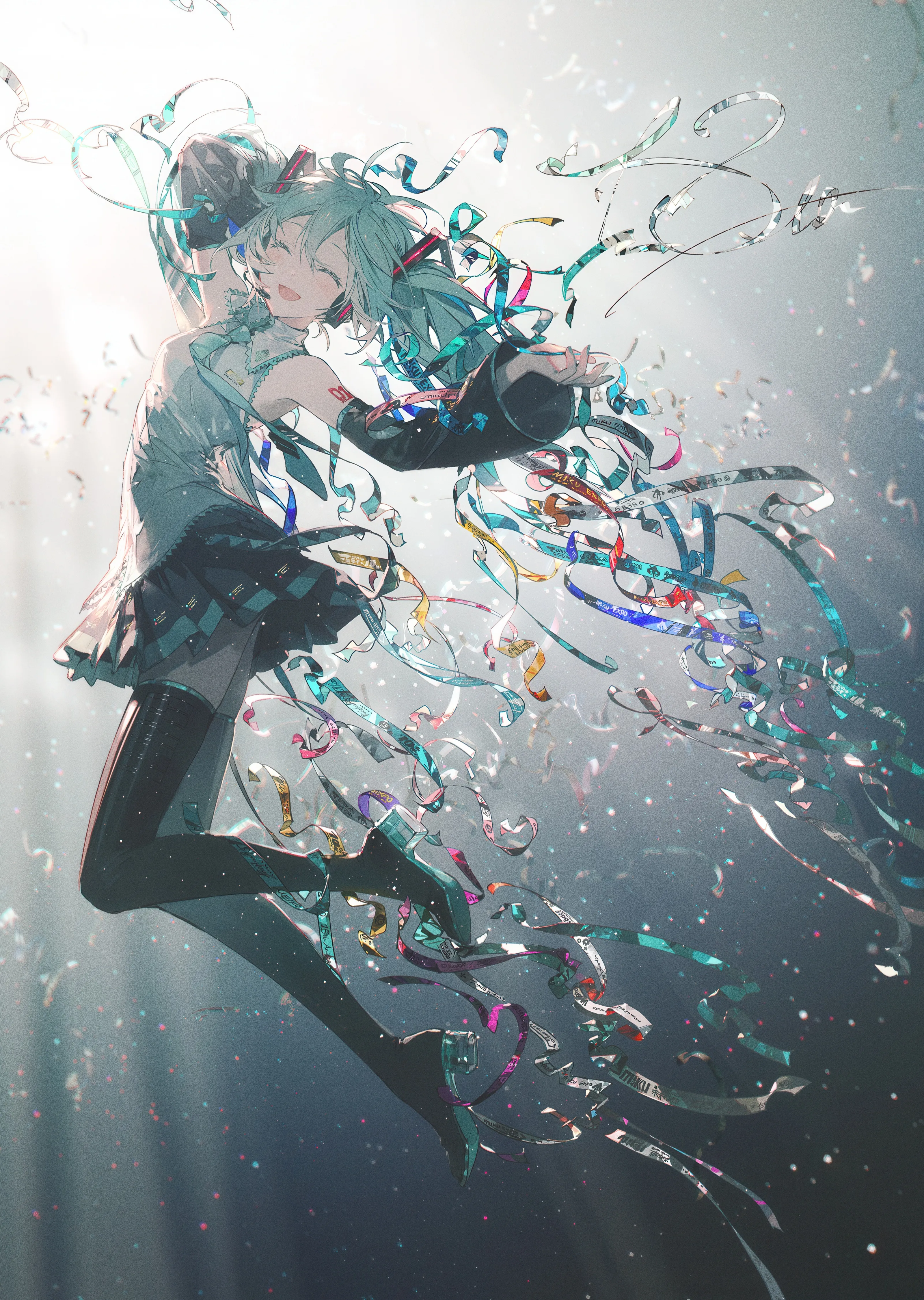 1girl,detached_sleeves,arm_up,full_body,solo,closed_eyes,twintails,headphones,headset,confetti,open_mouth,very_long_hair,sleeveless,sleeveless_shirt,collared_shirt,aqua_hair,aqua_necktie,grey_shirt,pleated_skirt,skirt,vertical,smile,tattoo,zettai_ryouiki,armpits,shirt,thighhighs,long_hair,boots,bare_shoulders,necktie,floating_hair,thigh_boots,black_skirt,black_thighhighs,black_footwear