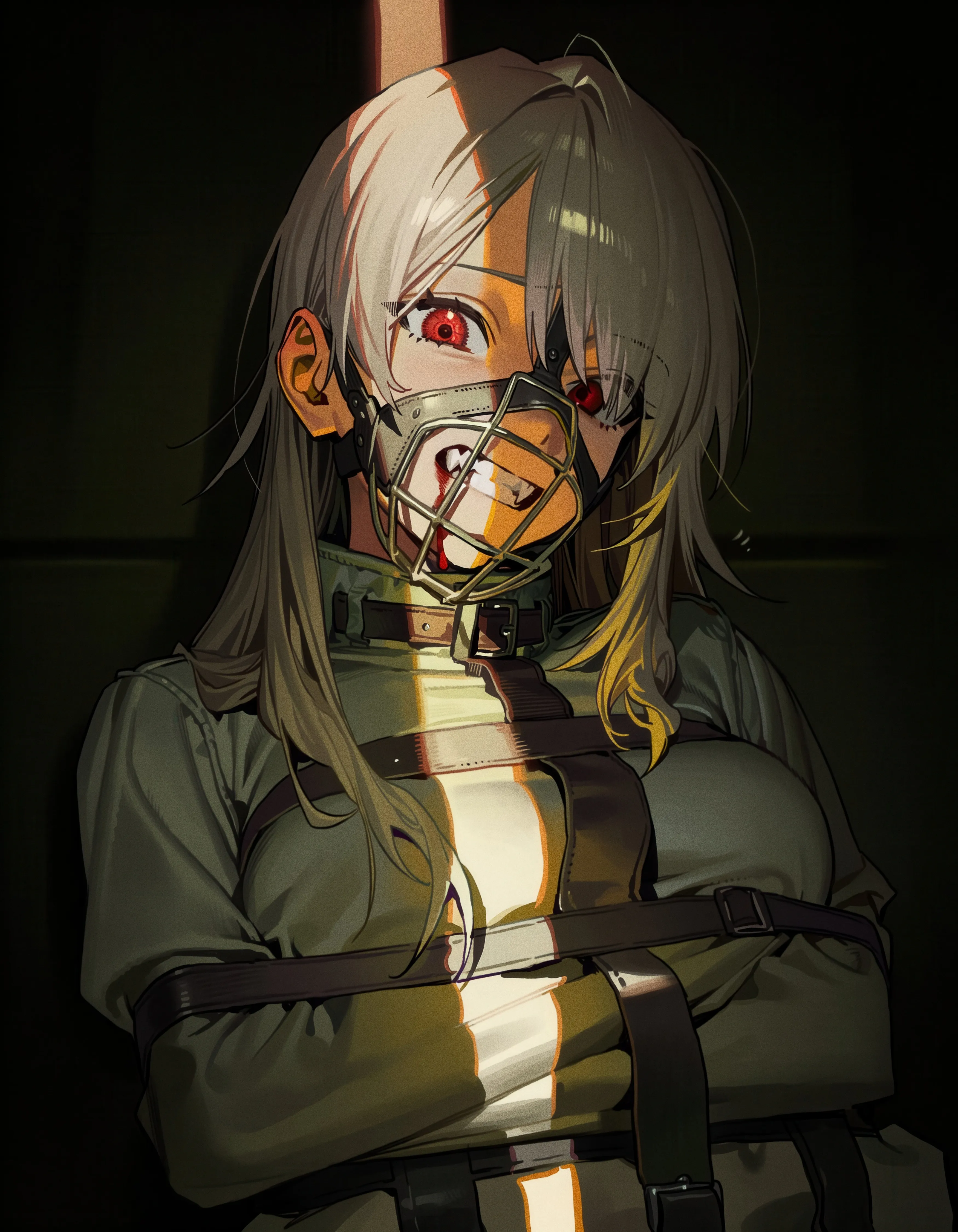 1girl,bdsm,medium_breasts,breasts,upper_body,bangs,solo,gag,multicolored_hair,jacket,bound_arms,buckle,restrained,straitjacket,bound,bondage,grey_hair,teeth,clenched_teeth,looking_at_viewer,vertical,red_eyes,blood,long_hair,long_sleeves,shadow,collar
