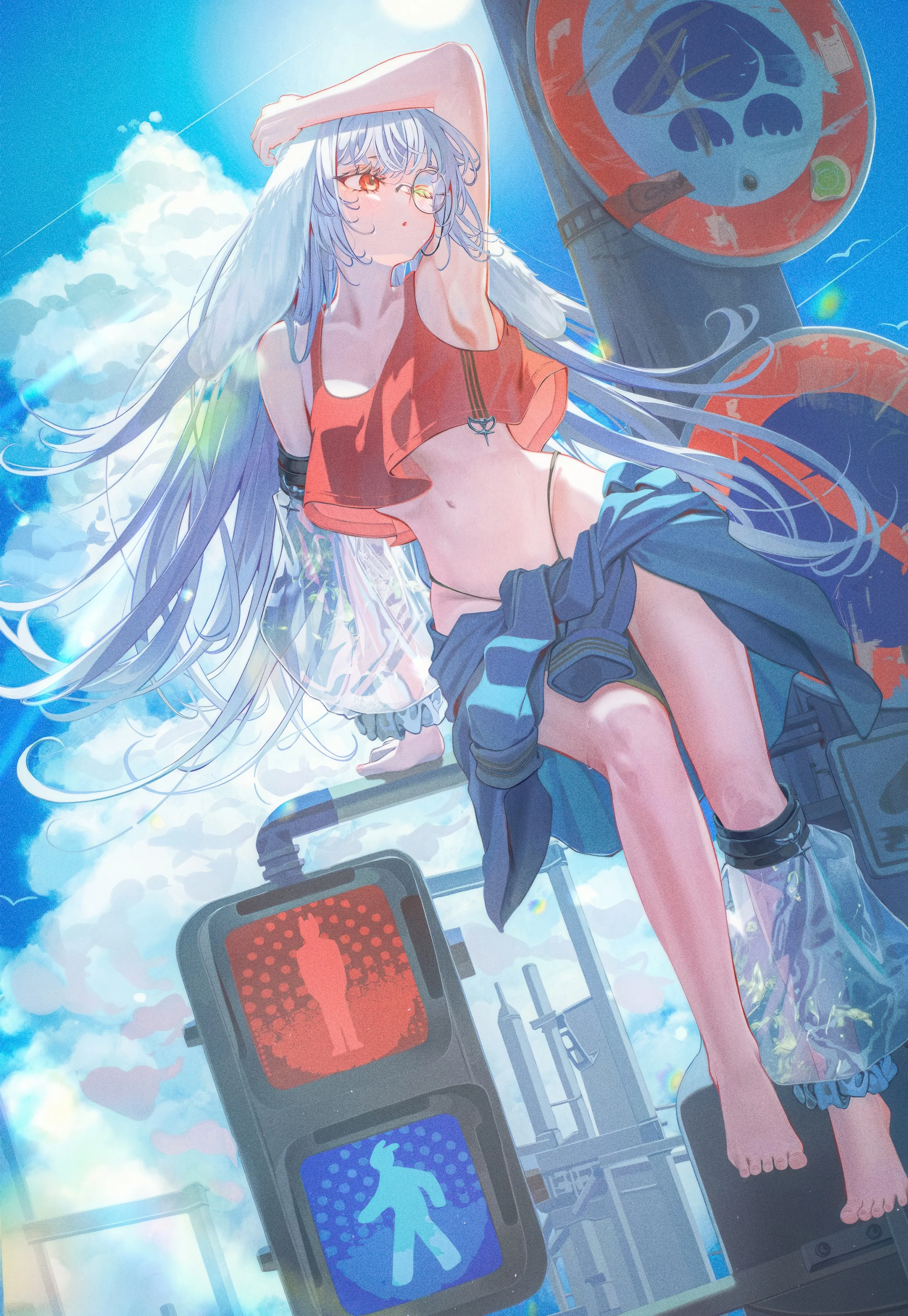 1girl,arm_up,breasts,cloud,full_body,underwear,panties,sign,see-through,solo,sitting,sky,sun,stomach,heterochromia,very_long_hair,parted_lips,outdoors,tank_top,day,white_hair,looking_away,vertical,red_eyes,navel,armpits,jacket_around_waist,blue_sky,clothes_around_waist,barefoot,road_sign,long_hair,midriff,bare_shoulders,crop_top,yellow_eyes,black_panties