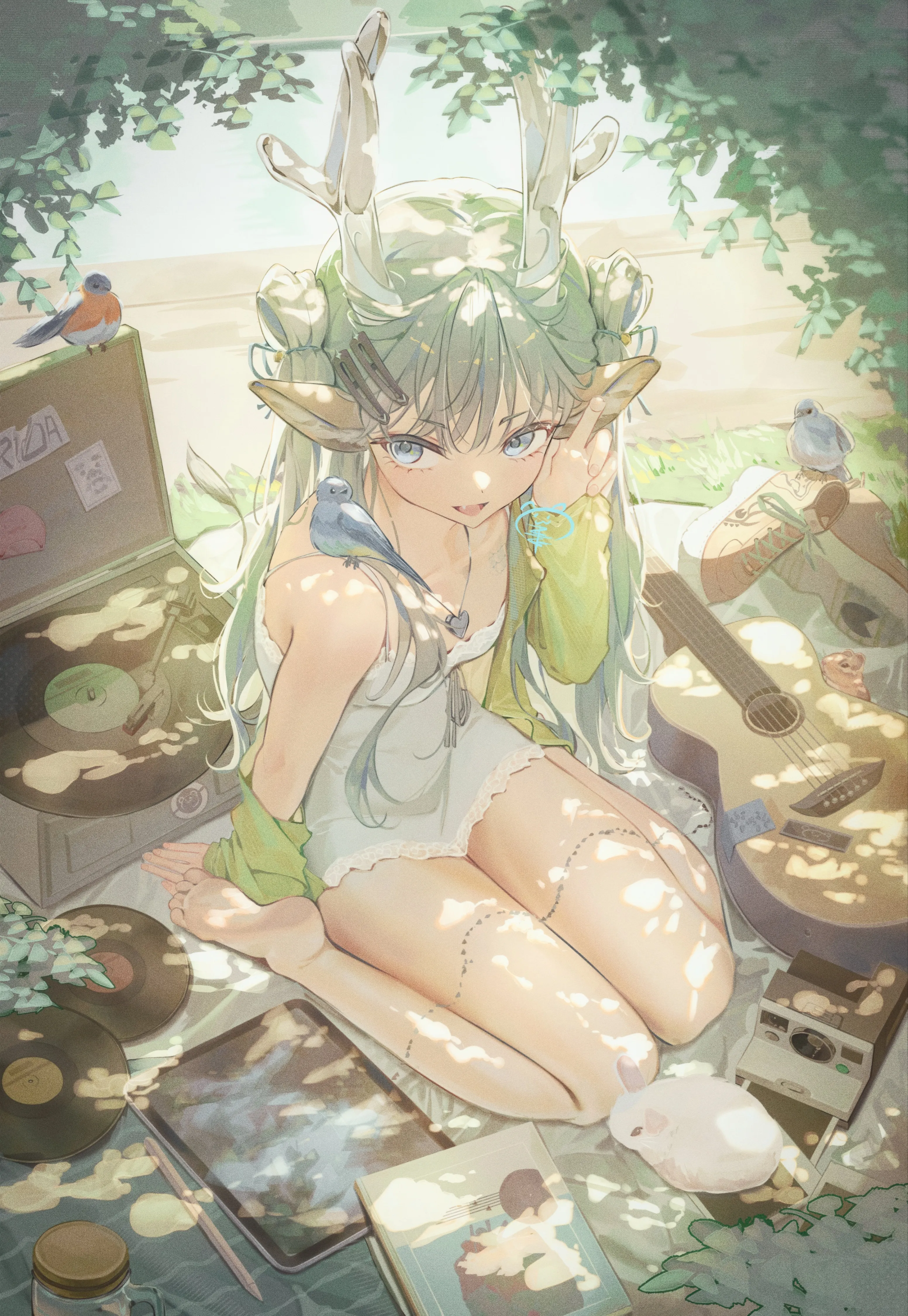 1girl,double_bun,dappled_sunlight,instrument,animal_ears,bangs,animal,solo,hairclip,guitar,hair_bun,sitting,hair_ornament,jacket,open_mouth,outdoors,grey_hair,jewelry,day,white_dress,looking_at_viewer,vertical,smile,green_hair,animal_on_shoulder,bird_on_shoulder,blue_eyes,bare_legs,barefoot,dress,long_hair,sunlight,bare_shoulders,off_shoulder,bird,wariza,antlers