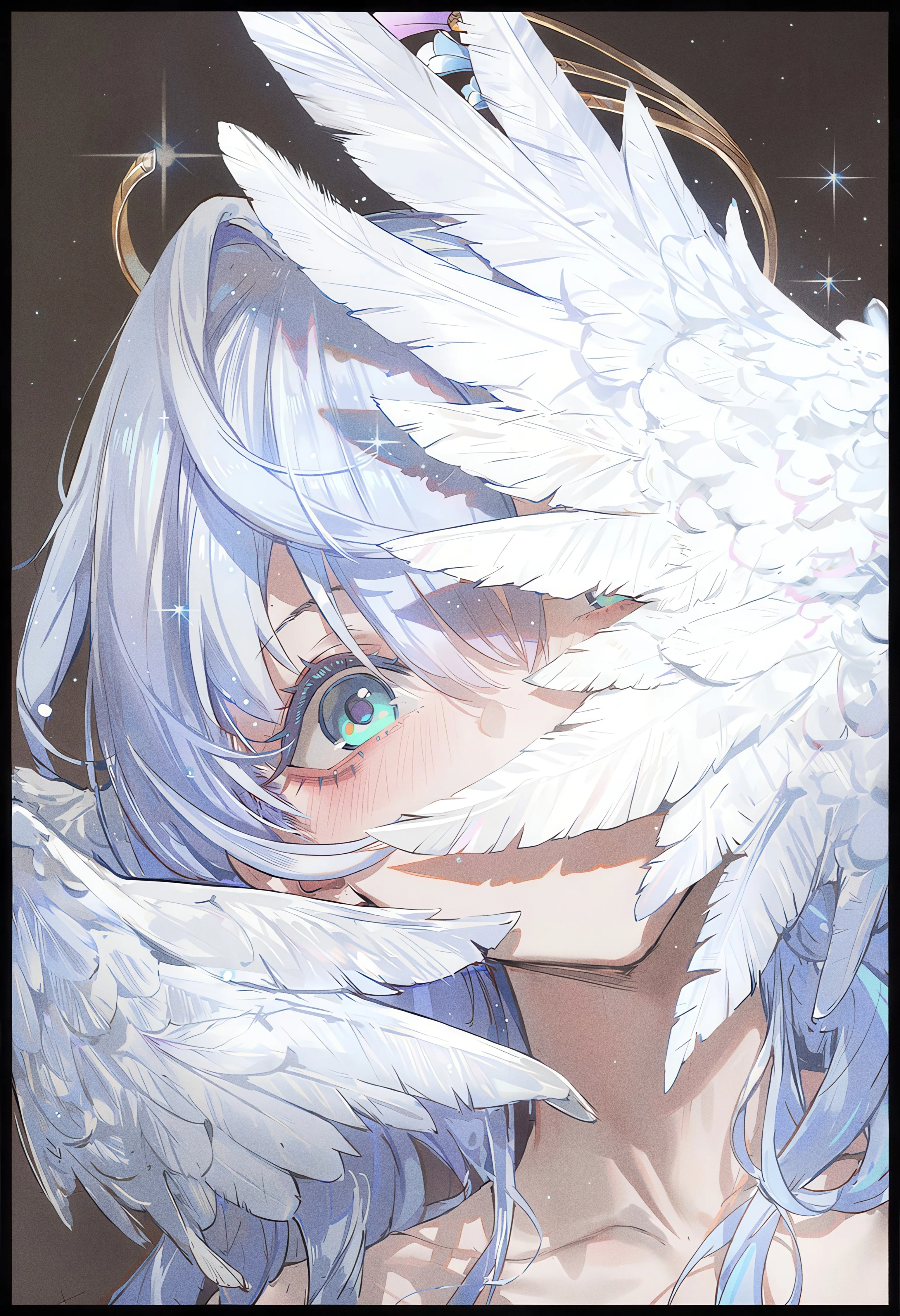 1girl,virtual_youtuber,one_eye_covered,bangs,solo,angel,halo,angel_wings,head_wings,portrait,hair_between_eyes,aqua_eyes,white_hair,white_wings,looking_at_viewer,vertical,smile,feathers,feathered_wings,wings,blush,blue_hair,blue_eyes,border,collarbone,long_hair,black_background