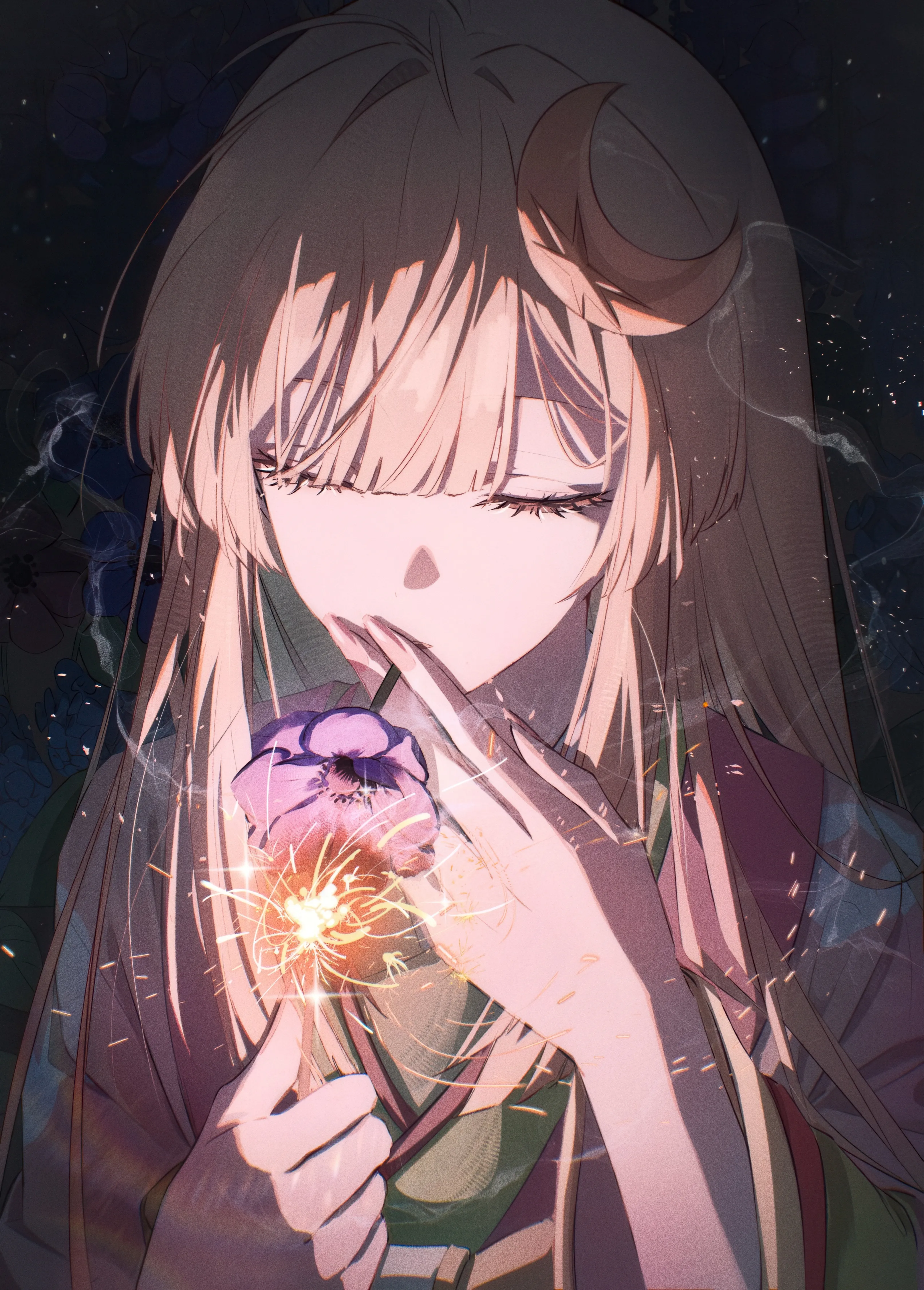 1girl,upper_body,bangs,solo,closed_eyes,kimono,hair_ornament,holding,holding_flower,japanese_clothes,crescent_hair_ornament,crescent,blunt_bangs,vertical,green_kimono,blonde_hair,long_hair,flower