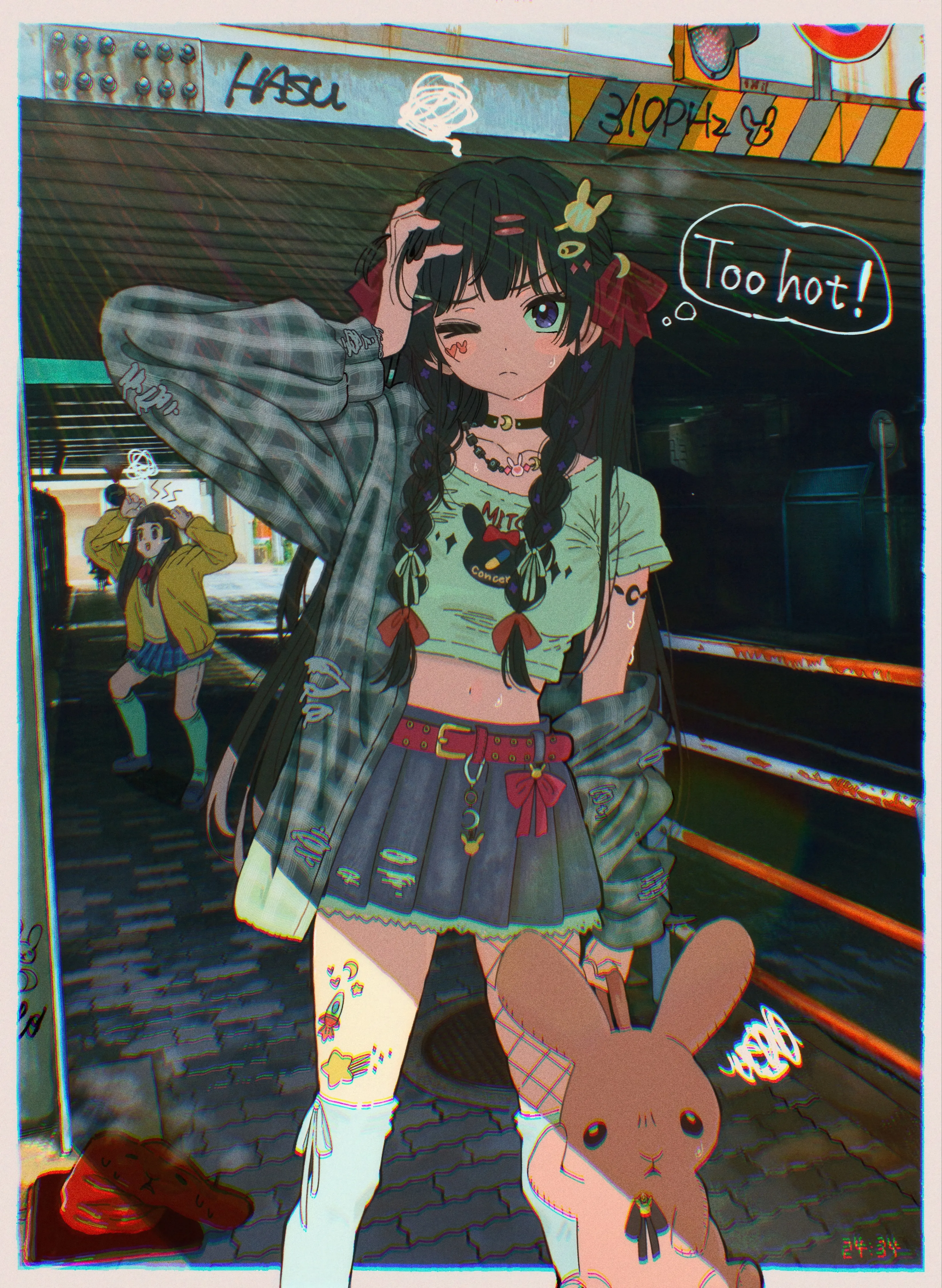 2girls,braid,asymmetrical_legwear,ribbon,twin_braids,bangs,hairclip,multiple_girls,hair_ribbon,hair_ornament,jacket,very_long_hair,outdoors,hand_on_own_head,arm_tattoo,plaid,stuffed_bunny,stuffed_animal,stuffed_toy,fishnets,jewelry,pleated_skirt,belt,looking_at_viewer,skirt,vertical,standing,tattoo,green_shirt,earrings,navel,blue_eyes,bow,hair_bow,squiggle,thought_bubble,shirt,socks,thighhighs,long_hair,one_eye_closed,midriff,off_shoulder,shoes,choker,necklace,black_hair,black_choker