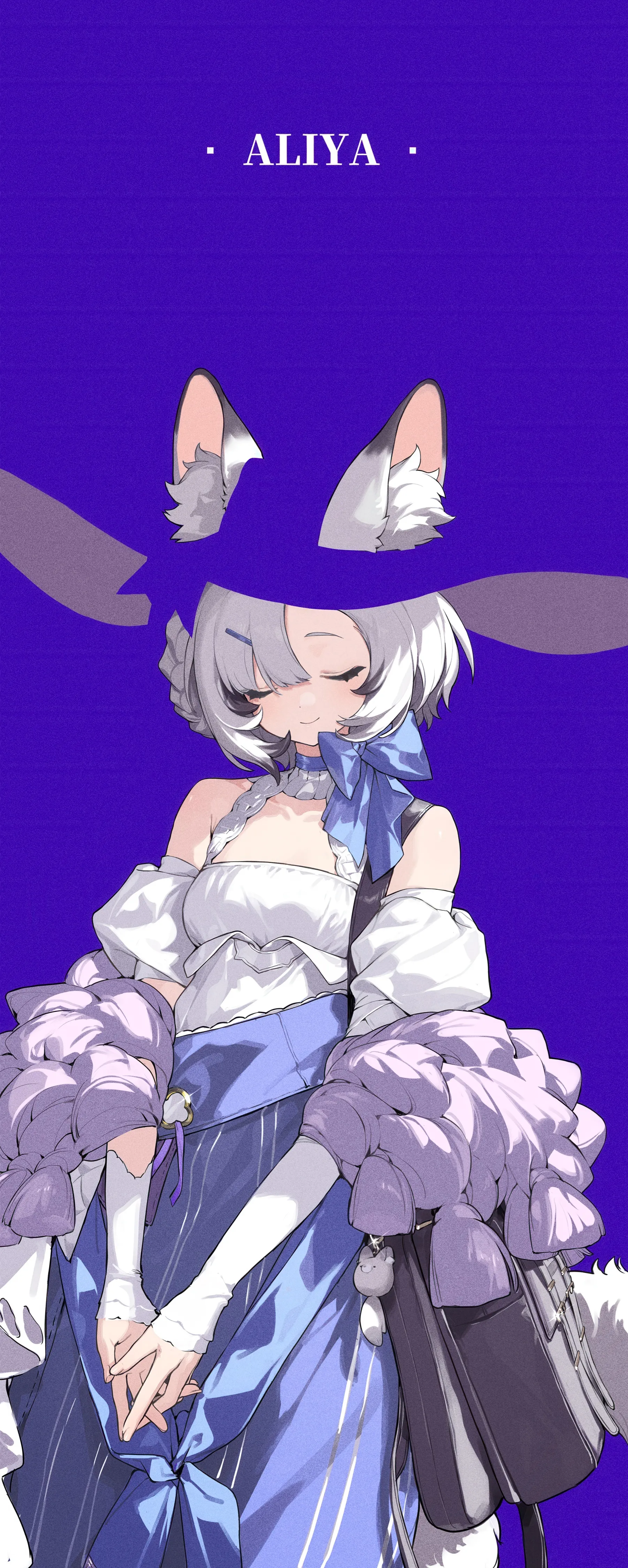 1girl,detached_sleeves,breasts,animal_ears,bangs,bag,solo,shoulder_bag,own_hands_together,closed_eyes,hairclip,closed_mouth,multicolored_hair,hair_ornament,bridal_gauntlets,tail,hat,handbag,simple_background,striped,grey_hair,white_hair,short_hair,short_sleeves,skirt,vertical,mouse_ears,animal_ear_fluff,blue_skirt,blue_background,puffy_sleeves,dress,collarbone,bare_shoulders