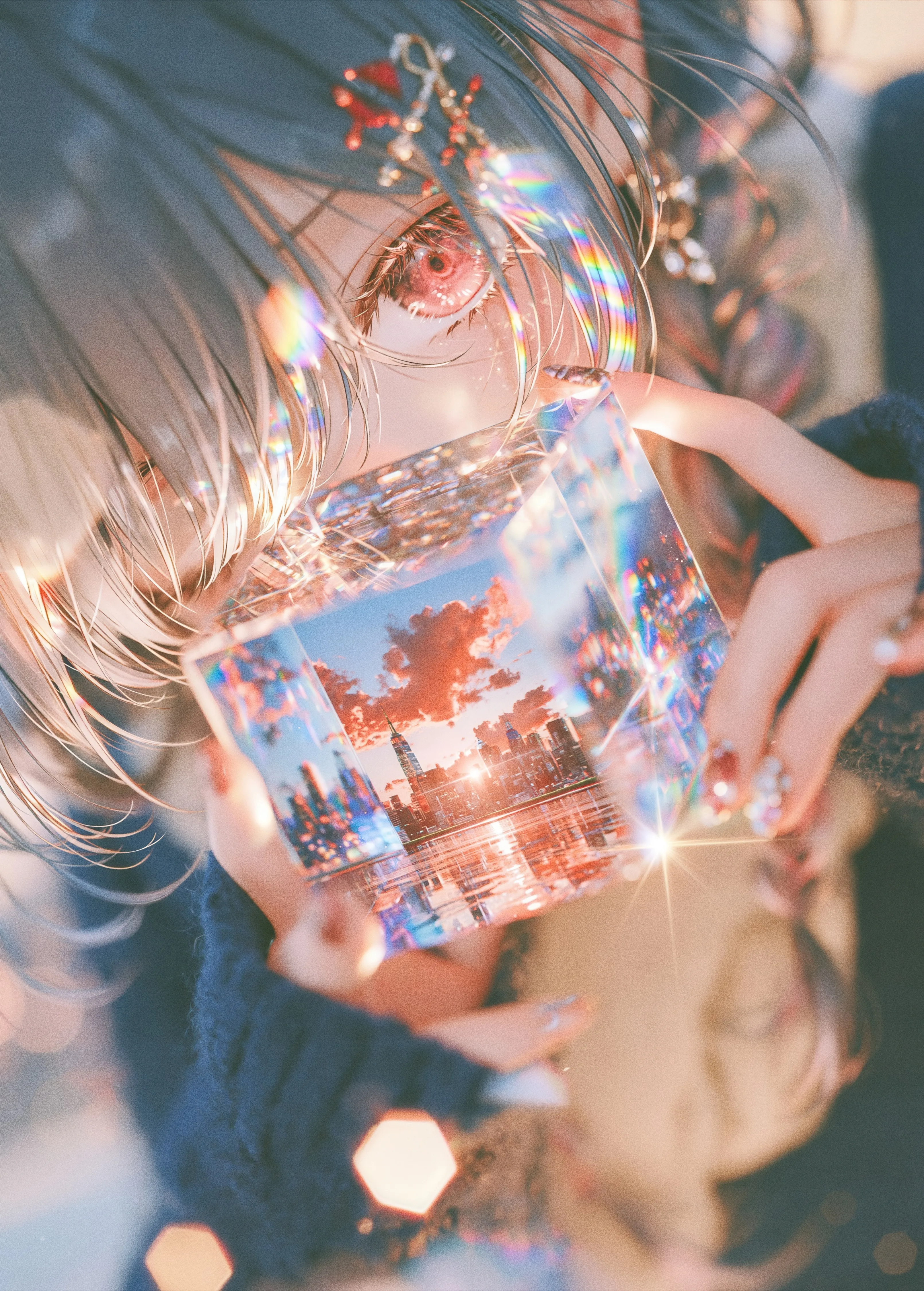 1girl,braid,cloud,bangs,solo,hands_up,reflection,city,sky,hair_ornament,hair_between_eyes,building,phone,holding_phone,holding,nail_polish,depth_of_field,smartphone,blurry,sweater,jewelry,looking_at_viewer,tears,eyelashes,cellphone,vertical,red_eyes,earrings,covered_mouth,blue_hair,sleeves_past_wrists,close-up,lens_flare,long_hair,long_sleeves,glint,sunlight