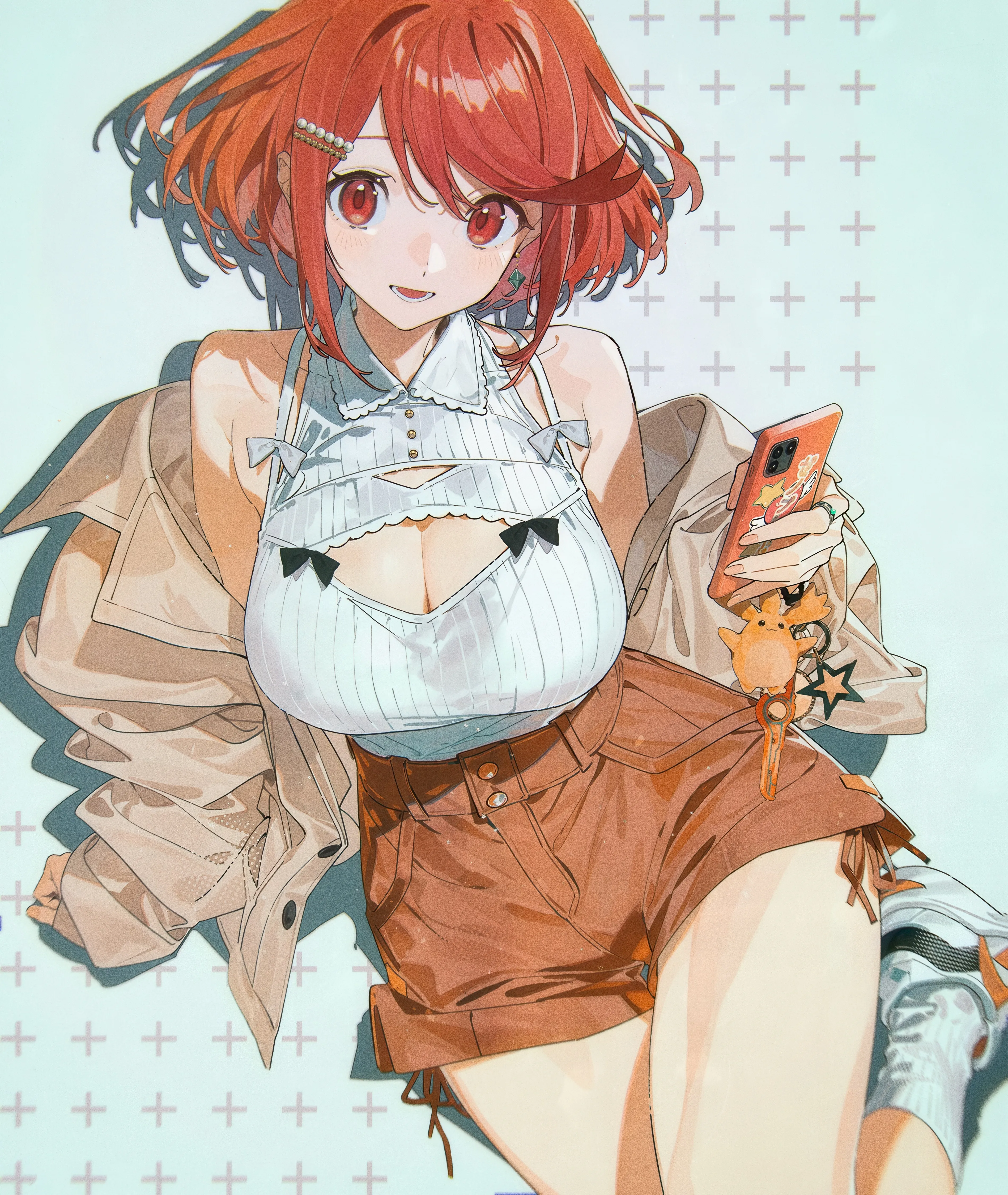 1girl,breasts,cleavage,bangs,solo,hairclip,hair_ornament,jacket,open_mouth,phone,holding_phone,holding,swept_bangs,looking_at_viewer,short_hair,shorts,cellphone,alternate_costume,vertical,smile,red_hair,red_eyes,clothing_cutout,large_breasts,sneakers,cleavage_cutout
