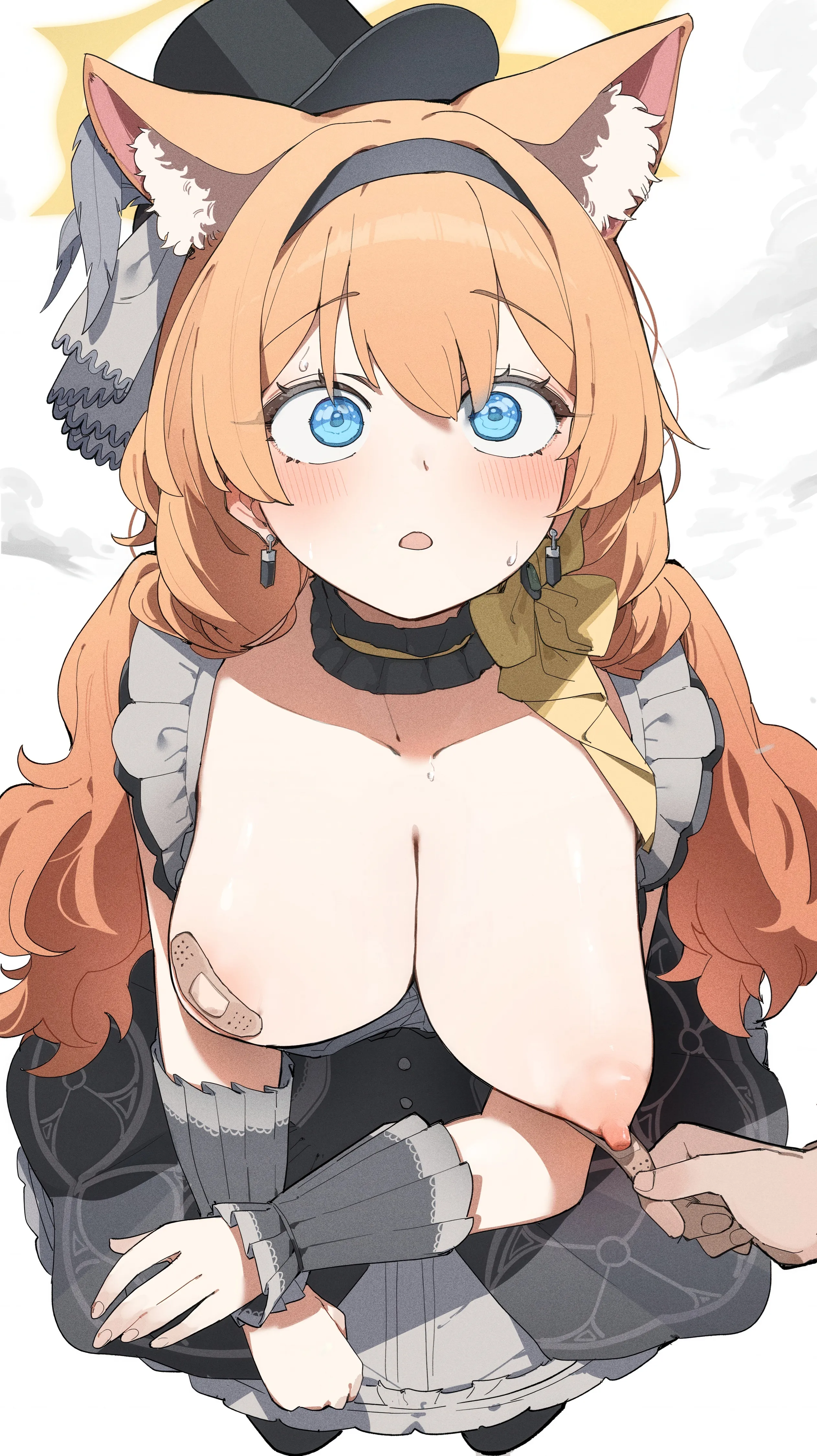 1girl,1boy,dress_pull,nipples,bandaids_on_nipples,breasts,breasts_out,areola_slip,pasties,animal_ears,bangs,bandaid,solo_focus,hairband,halo,hat,hetero,open_mouth,orange_hair,cat_ears,nipple_tweak,jewelry,looking_at_viewer,vertical,wrist_cuffs,earrings,animal_ear_fluff,blush,frills,blue_eyes,large_breasts,dress,collarbone,long_hair,black_hairband,black_dress