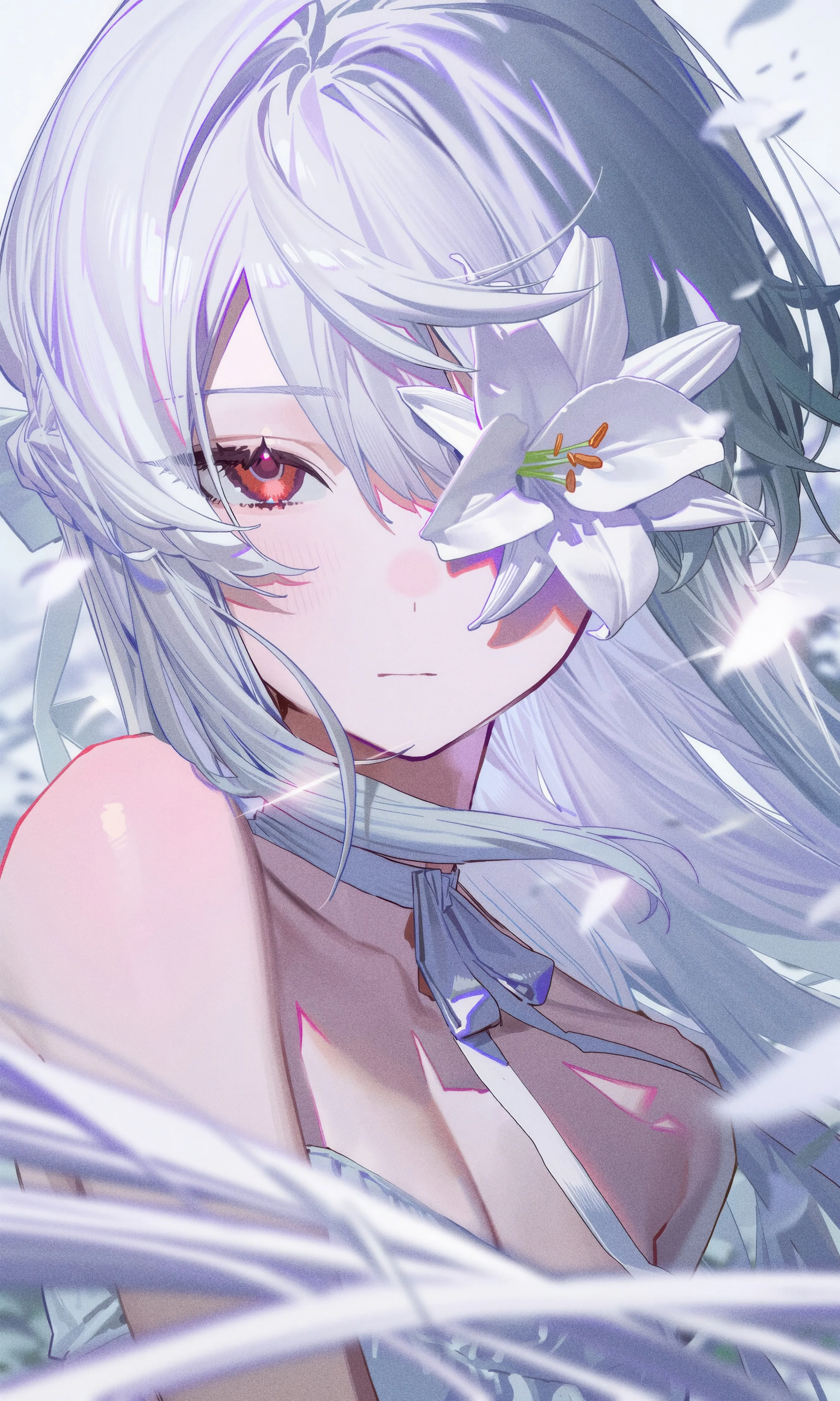 1girl,one_eye_covered,ribbon,medium_breasts,breasts,cleavage,upper_body,bangs,blurry_foreground,solo,closed_mouth,grey_hair,white_ribbon,white_hair,white_flower,white_dress,white_choker,looking_at_viewer,flower_over_eye,vertical,red_eyes,petals,dress,long_hair,bare_shoulders,neck_ribbon,flower
