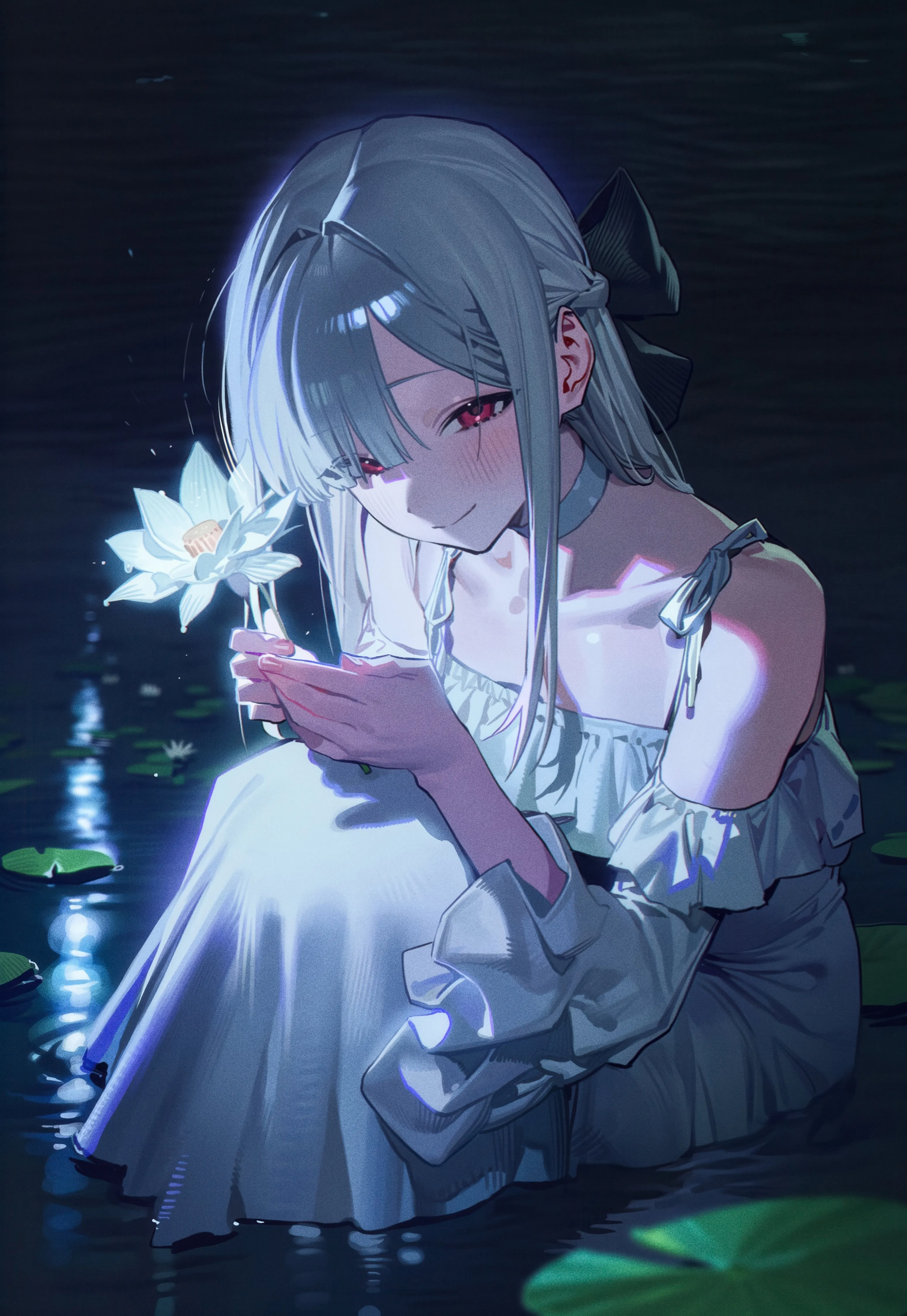 1girl,braid,detached_sleeves,bangs,solo,closed_mouth,sitting,night,knees_up,holding,holding_flower,water,grey_hair,white_dress,white_choker,lily_pad,vertical,smile,red_eyes,blush,bow,hair_bow,dress,collarbone,long_hair,long_sleeves,bare_shoulders,choker,flower,black_bow