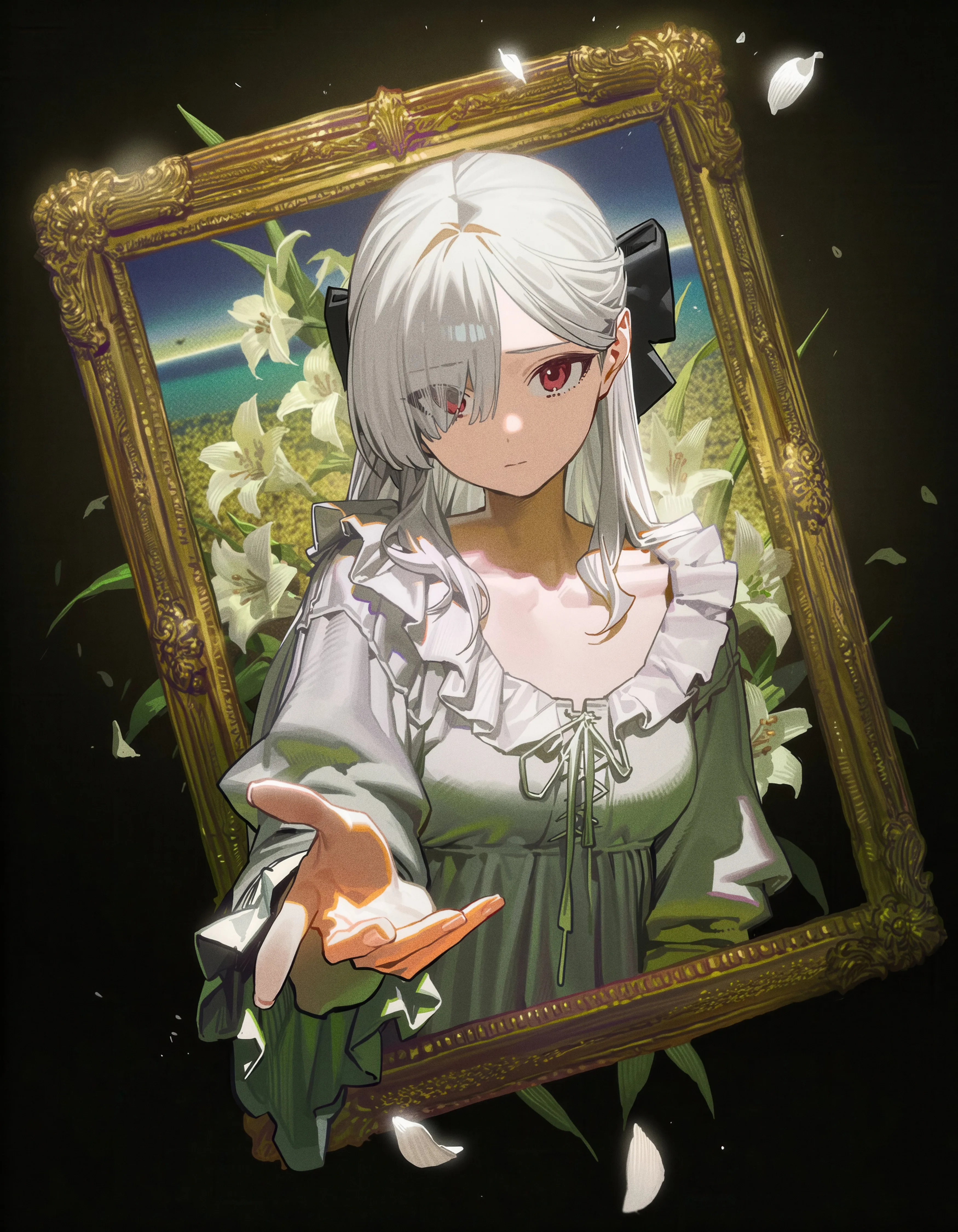 1girl,ribbon,breasts,upper_body,outstretched_arm,outstretched_hand,bangs,solo,reaching_towards_viewer,closed_mouth,hair_ribbon,painting_object,white_hair,white_flower,lily_flower,picture_frame,looking_at_viewer,vertical,red_eyes,green_dress,petals,frills,frilled_sleeves,bow,hair_bow,dress,eyes_visible_through_hair,collarbone,long_hair,long_sleeves,flower,black_ribbon,black_background,black_bow