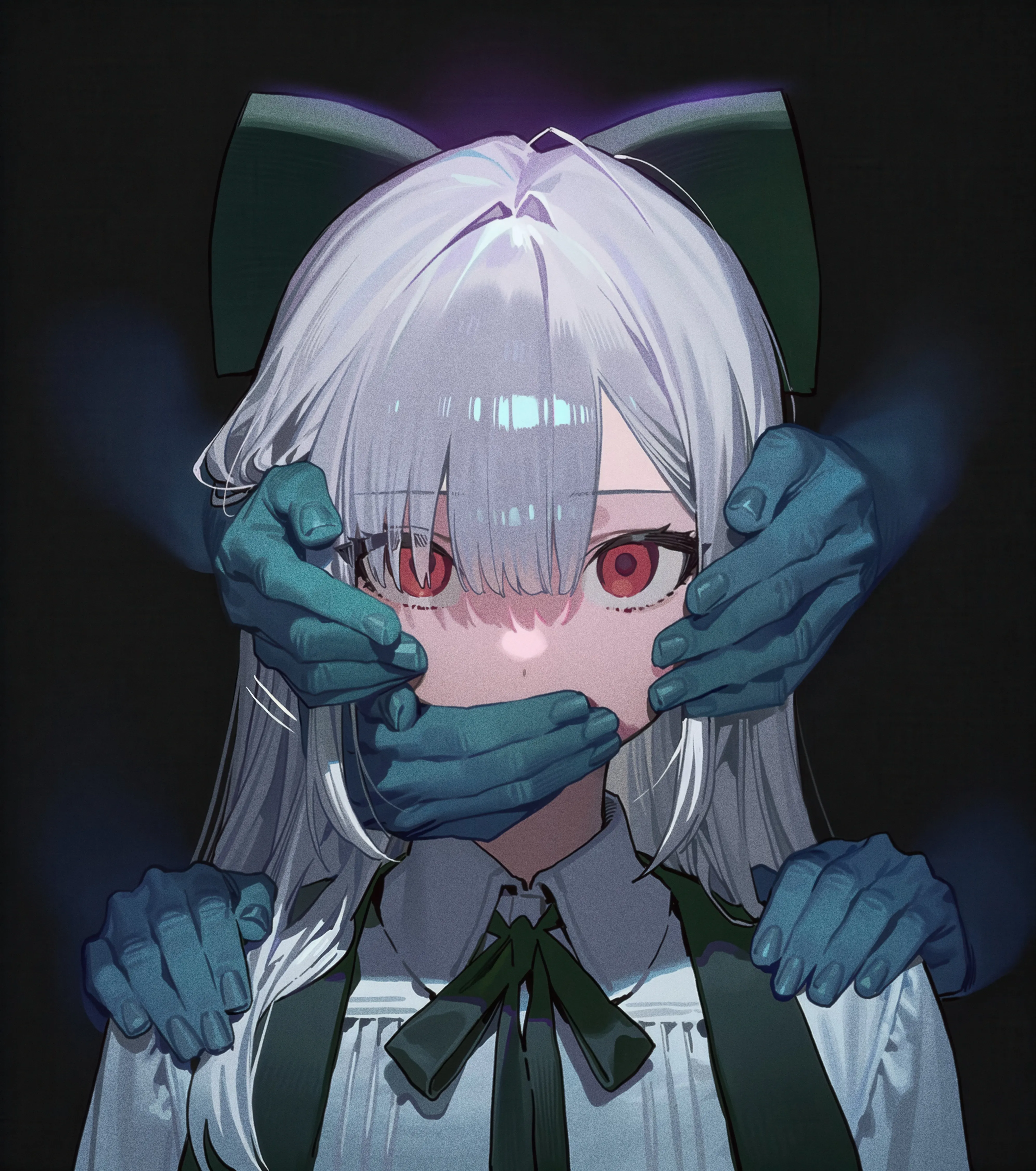 1girl,ribbon,upper_body,bangs,solo_focus,hands_on_anothers_shoulders,hair_between_eyes,collared_shirt,grey_hair,white_hair,white_shirt,looking_at_viewer,vertical,red_eyes,green_ribbon,green_bow,suspenders,bow,hair_bow,shirt,long_hair,neck_ribbon,black_background