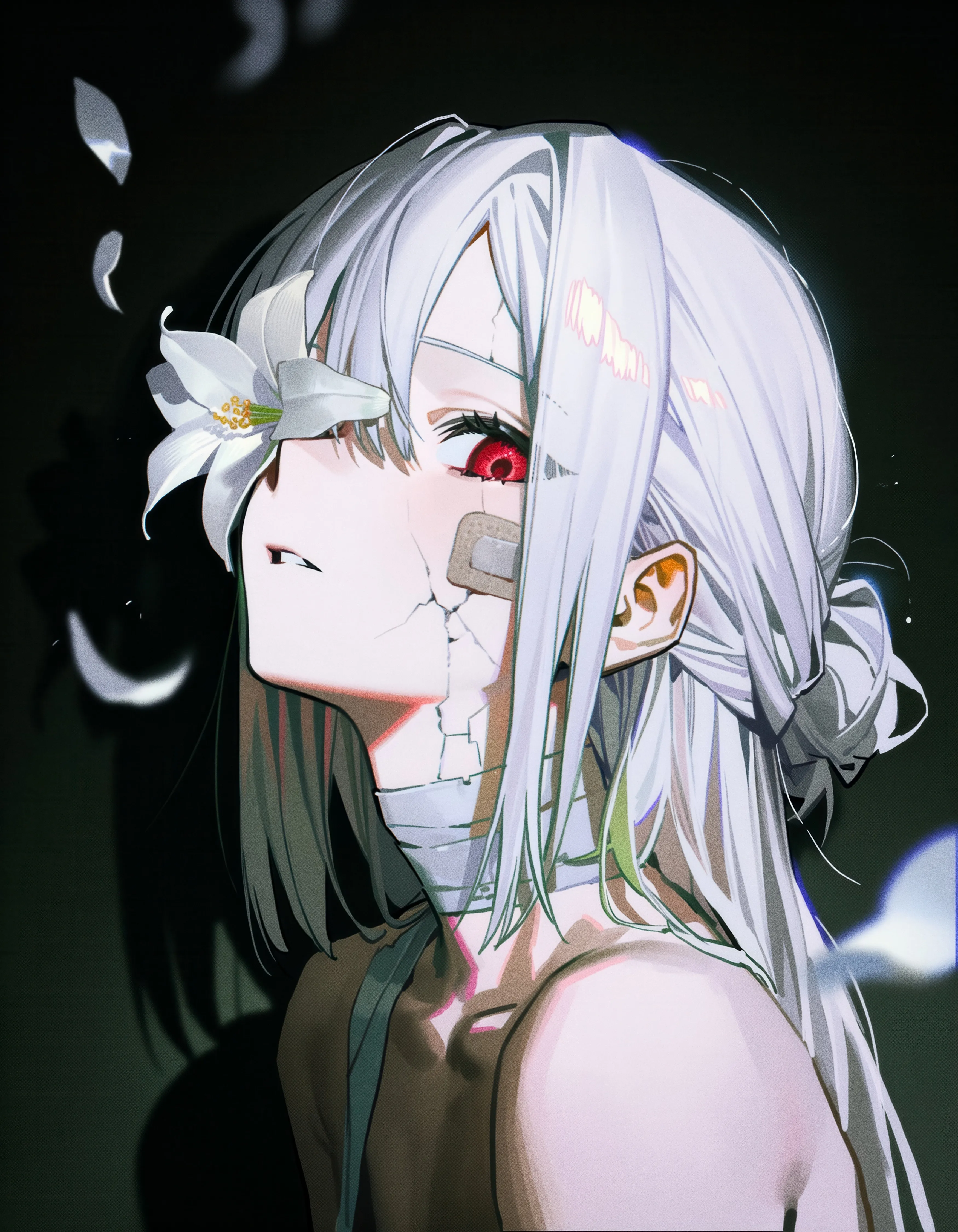 1girl,upper_body,bangs,bandaid,solo,single_hair_bun,hair_bun,portrait,hair_between_eyes,parted_lips,white_hair,white_flower,looking_at_viewer,flower_over_eye,vertical,red_eyes,bandages,bandage_over_one_eye,bandaged_neck,bandaid_on_face,petals,long_hair,bare_shoulders,flower,black_background