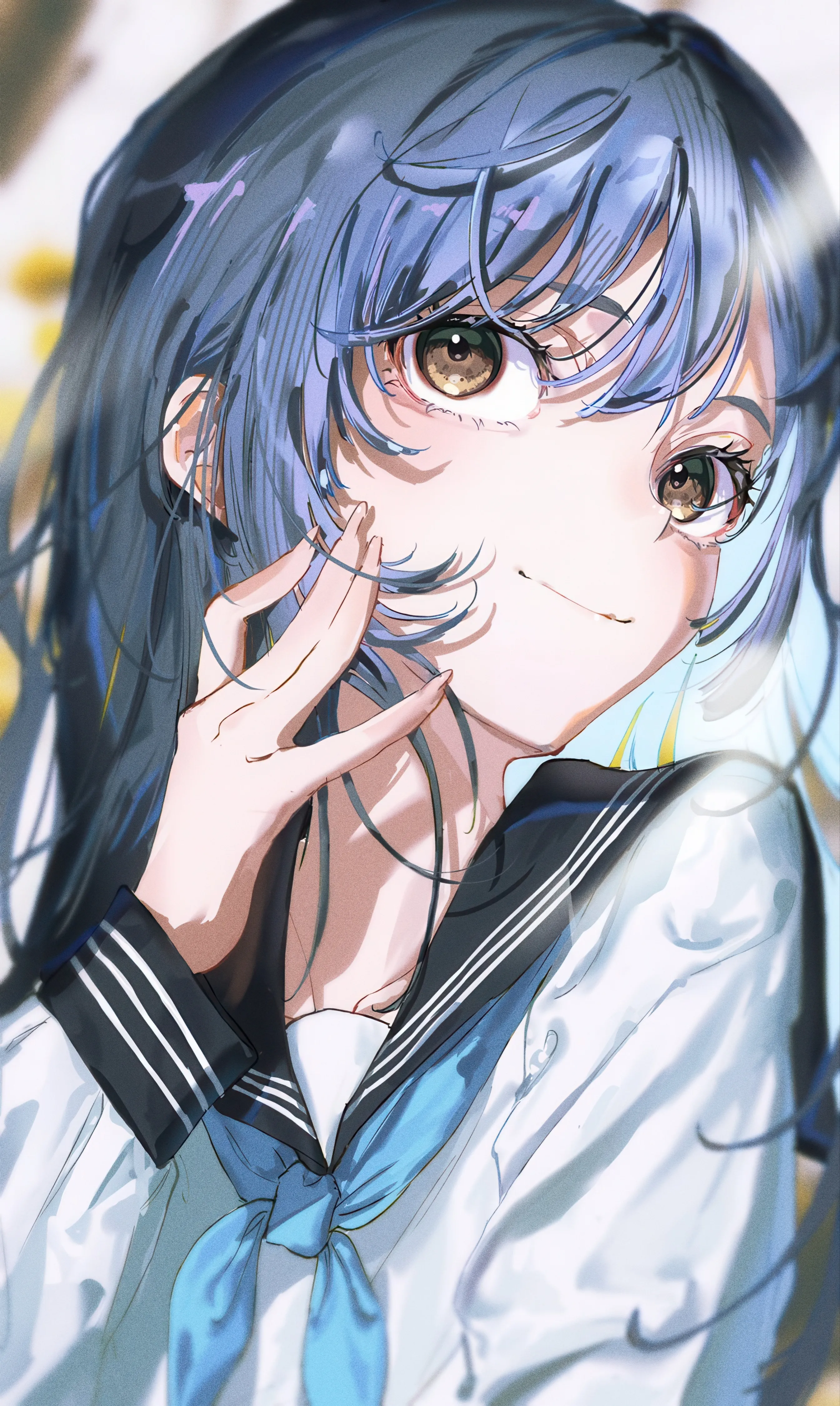 1girl,neckerchief,upper_body,bangs,solo,closed_mouth,hair_between_eyes,hand_up,school_uniform,brown_eyes,blurry,blurry_background,serafuku,sailor_collar,white_shirt,looking_at_viewer,vertical,smile,blue_neckerchief,blue_hair,shirt,long_hair,long_sleeves,black_sailor_collar