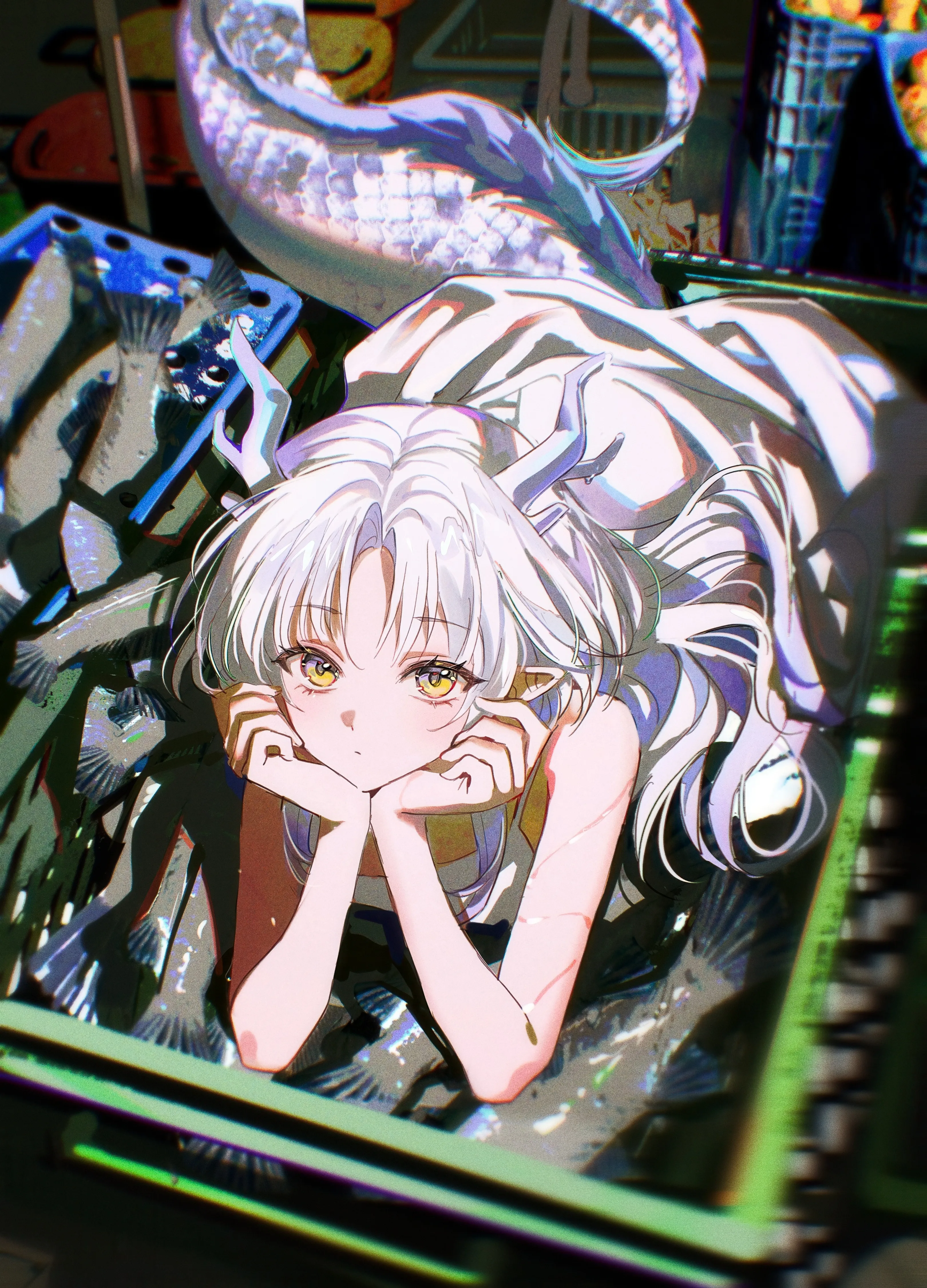 1girl,parted_bangs,bangs,solo,closed_mouth,pointy_ears,tail,head_rest,sleeveless,sleeveless_dress,television,white_hair,white_dress,looking_at_viewer,vertical,horns,on_stomach,lying,dress,long_hair,yellow_eyes,dragon_girl,dragon_tail,dragon_horns