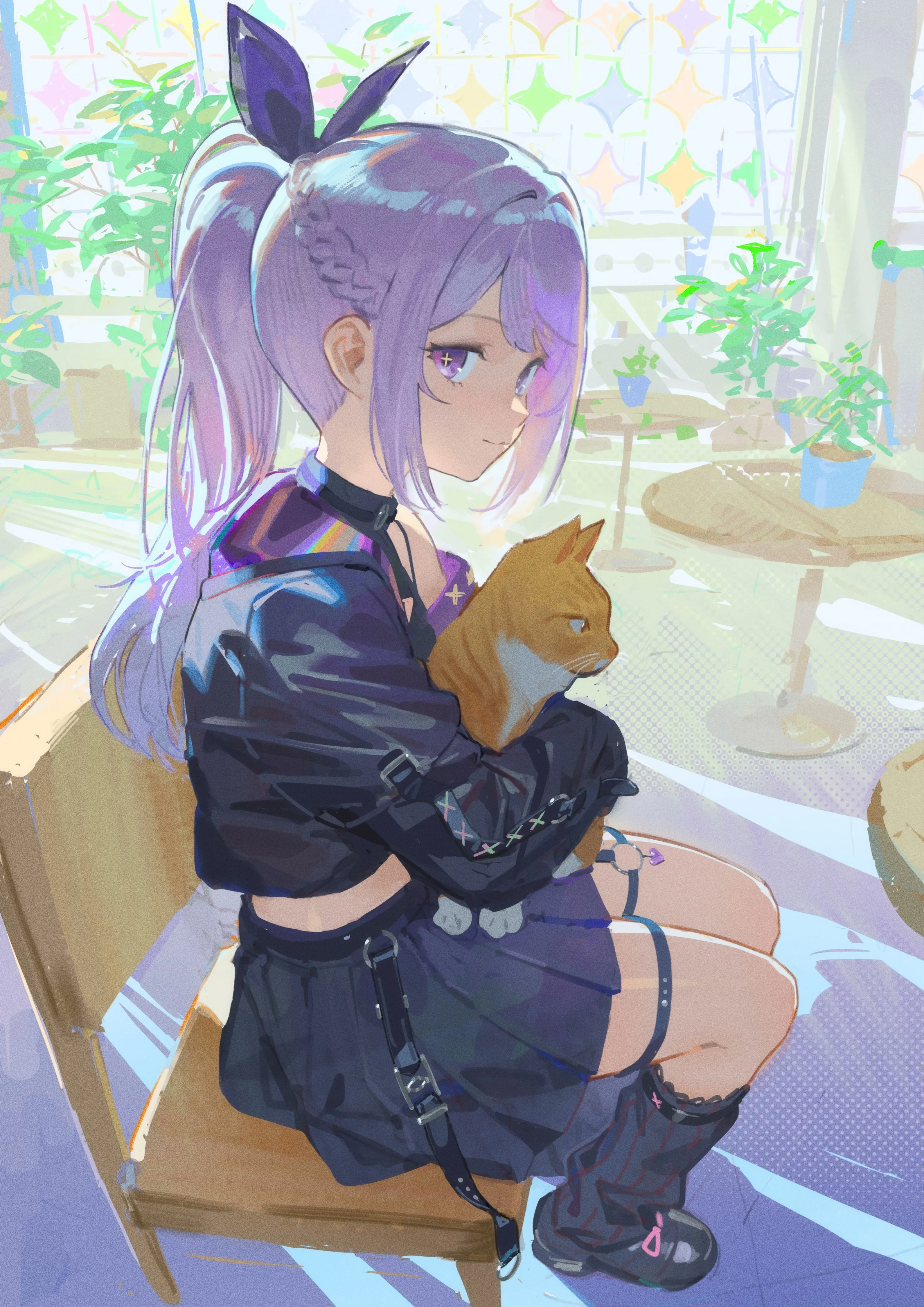 1girl,braid,ribbon,from_side,full_body,bangs,animal,solo,closed_mouth,sitting,thigh_strap,hair_ribbon,sidelocks,jacket,indoors,holding_animal,holding_cat,animal_hug,holding,leg_warmers,table,chair,plant,french_braid,loose_socks,cat,pleated_skirt,belt,potted_plant,looking_at_viewer,skirt,vertical,smile,purple_hair,purple_eyes,blue_skirt,socks,long_hair,long_sleeves,shoes,ponytail,black_jacket,black_skirt,black_footwear
