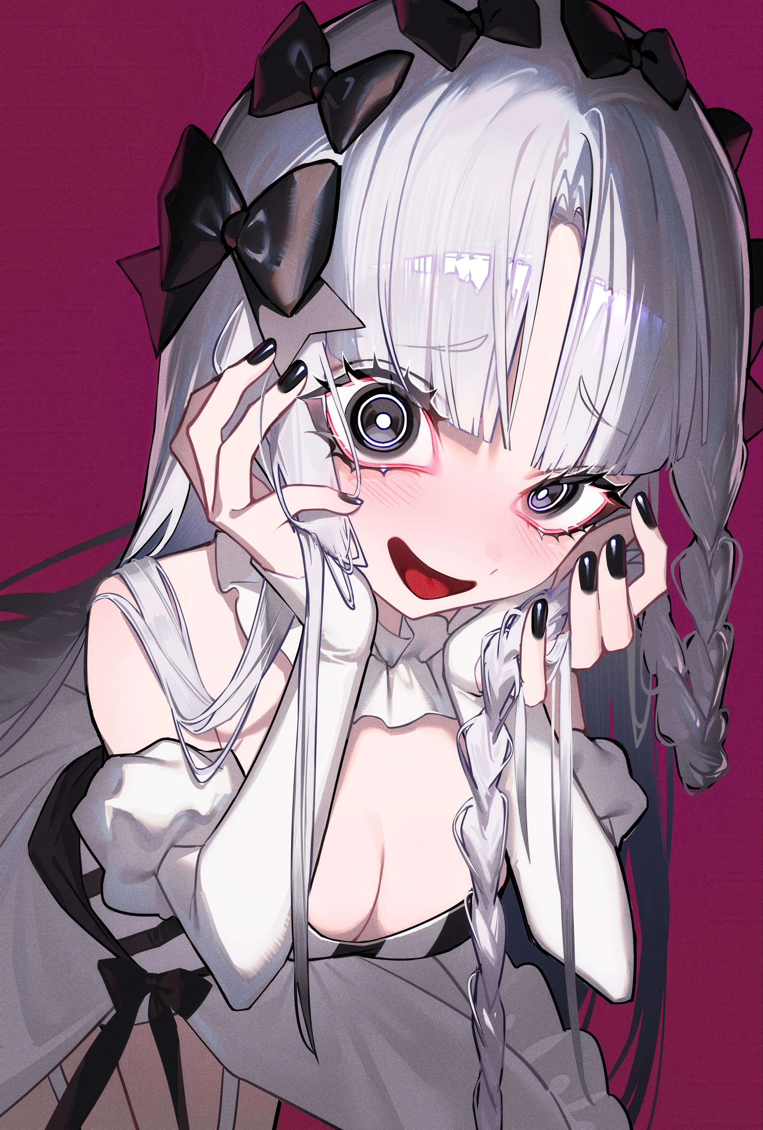 1girl,braid,detached_sleeves,medium_breasts,breasts,cleavage,parted_bangs,bangs,solo,garter_straps,open_mouth,very_long_hair,holding,nail_polish,simple_background,grey_hair,grey_eyes,white_hair,white_dress,blunt_bangs,looking_at_viewer,vertical,smile,purple_background,blush,bow,hair_bow,dress,long_hair,long_sleeves,black_nails,black_bow