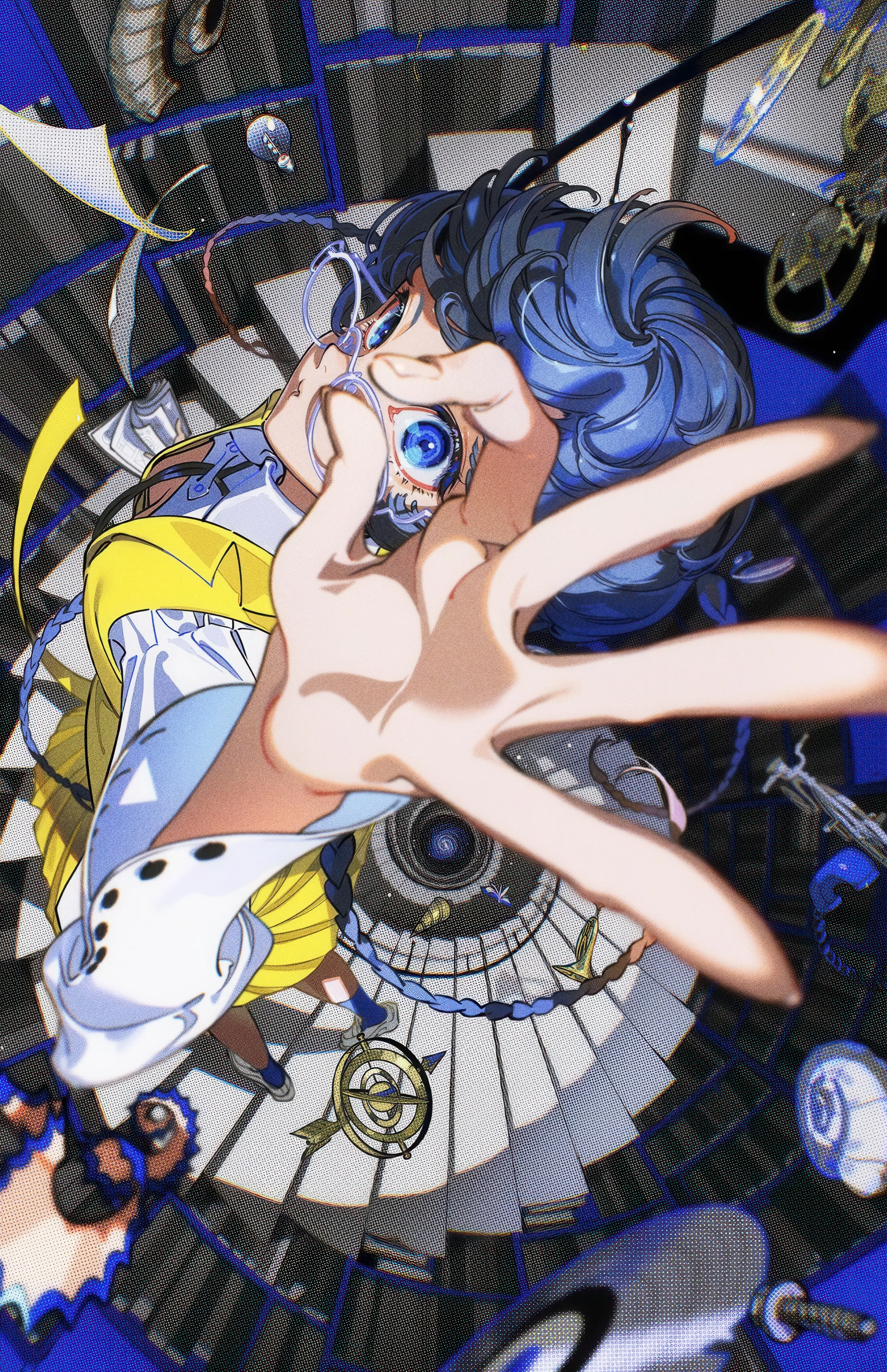 1girl,braid,looking_up,from_above,solo,monocle,reaching_towards_viewer,round_eyewear,perspective,foreshortening,looking_at_viewer,glasses,short_hair,skirt,vertical,paper,blue_hair,blue_eyes,shirt,long_hair,long_sleeves