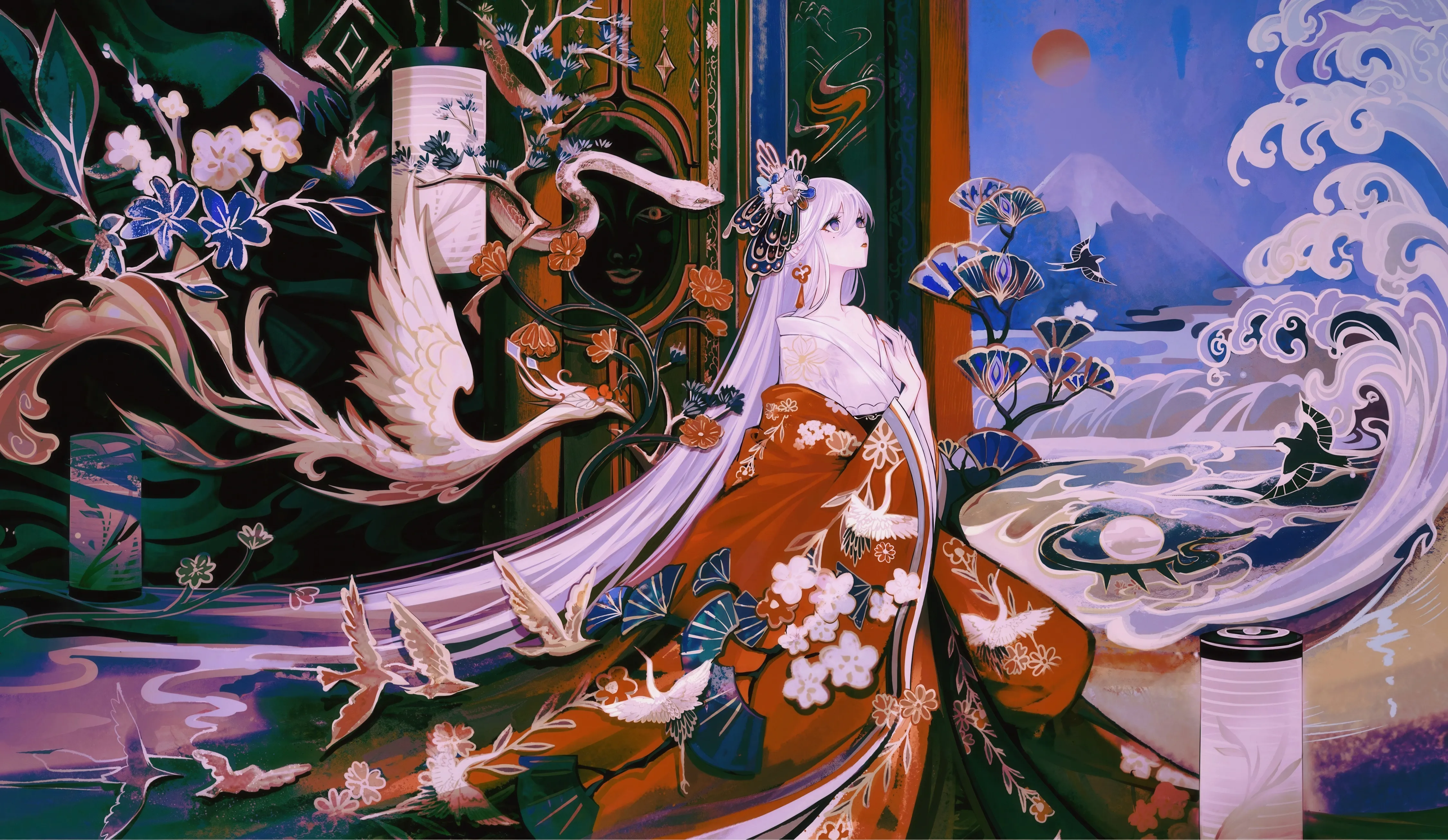 1girl,bangs,animal,solo,kimono,hair_flower,hair_ornament,wide_sleeves,mount_fuji,mountain,very_long_hair,japanese_clothes,moon,horizontal,water,waves,lantern,jewelry,white_hair,white_flower,earrings,floral_print,long_hair,long_sleeves,flower,bird,crane_animal