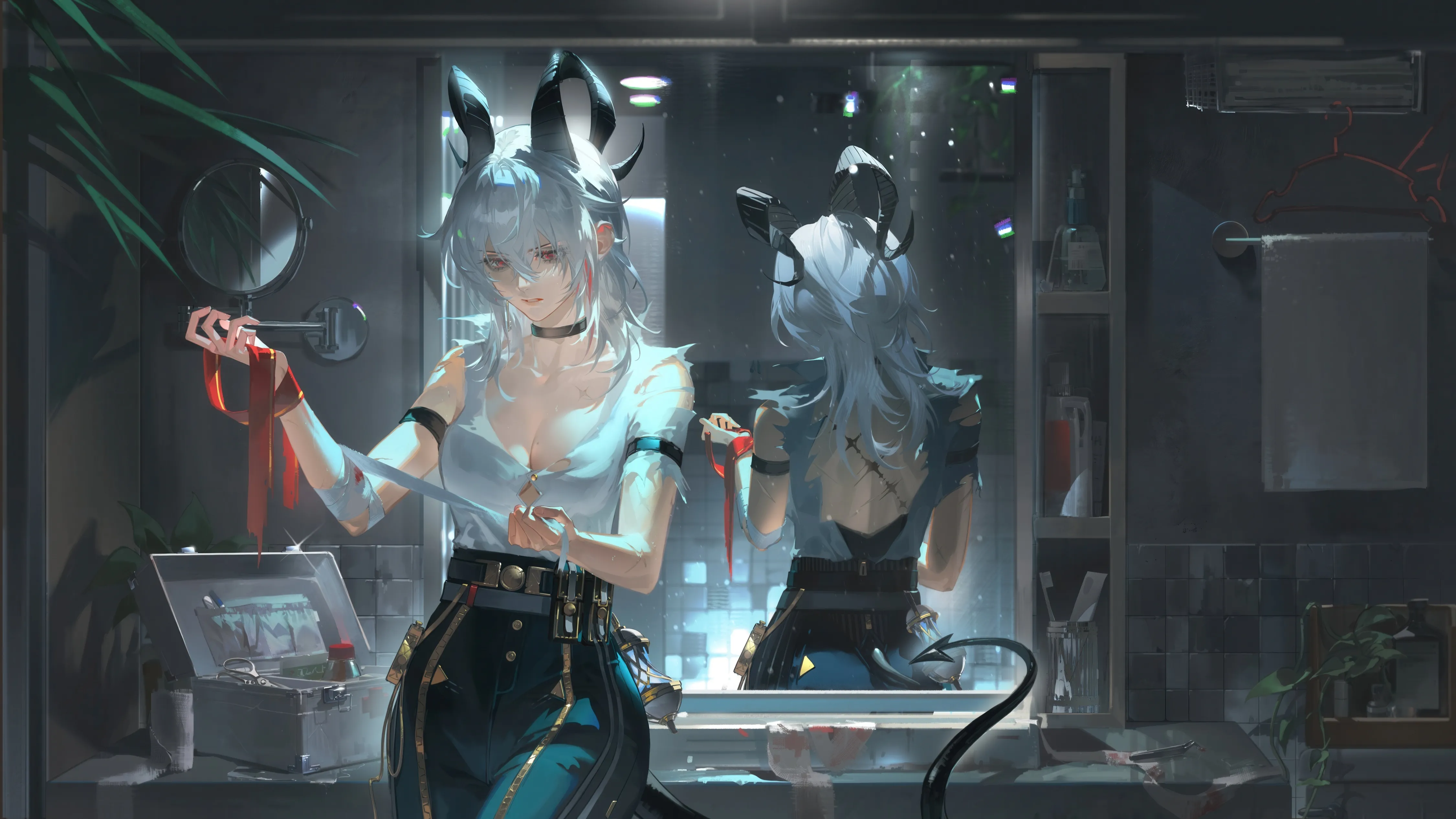 1girl,cowboy_shot,ribbon,medium_breasts,breasts,cleavage,bangs,cosmetics,solo,reflection,multicolored_hair,pointy_ears,indoors,tail,hair_between_eyes,demon_tail,demon_horns,gloves,buckle,holding,streaked_hair,plant,horizontal,looking_at_mirror,sink,grey_hair,jewelry,bottle,white_hair,white_shirt,belt,belt_buckle,potted_plant,looking_at_viewer,standing,red_ribbon,red_eyes,shirt,pants,horns,cuffs,collarbone,mirror,long_hair,bare_shoulders,choker,black_belt,black_choker